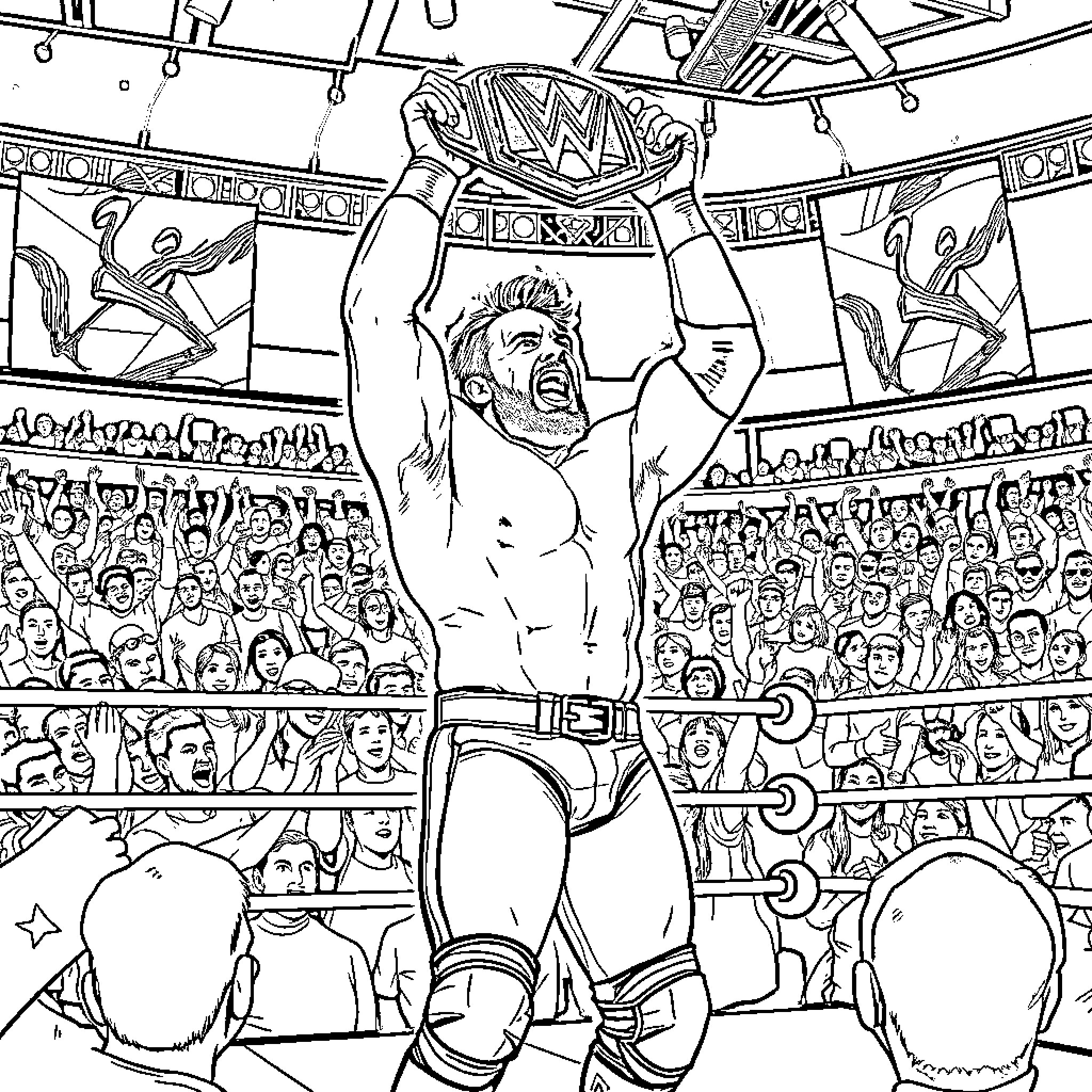 Seth Rollins' Triumphant Moment in the Ring Coloring Page (free black-and-white line drawing printable PDF for all, from beginners to advanced learners, including children, teens, adults, and seniors)