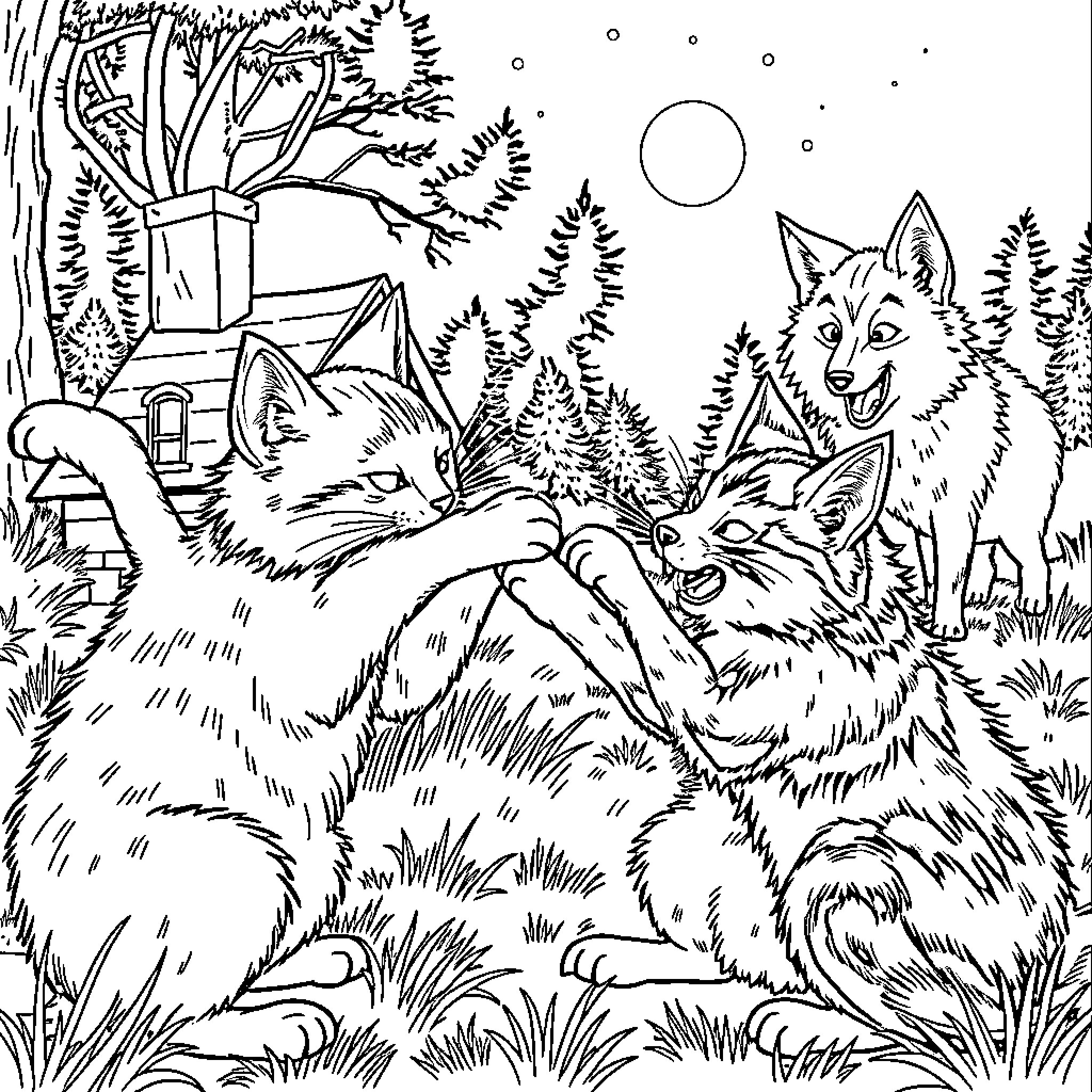 Cat family in the forest Coloring Page (free black-and-white line drawing printable PDF for all, from beginners to advanced learners, including children, teens, adults, and seniors)