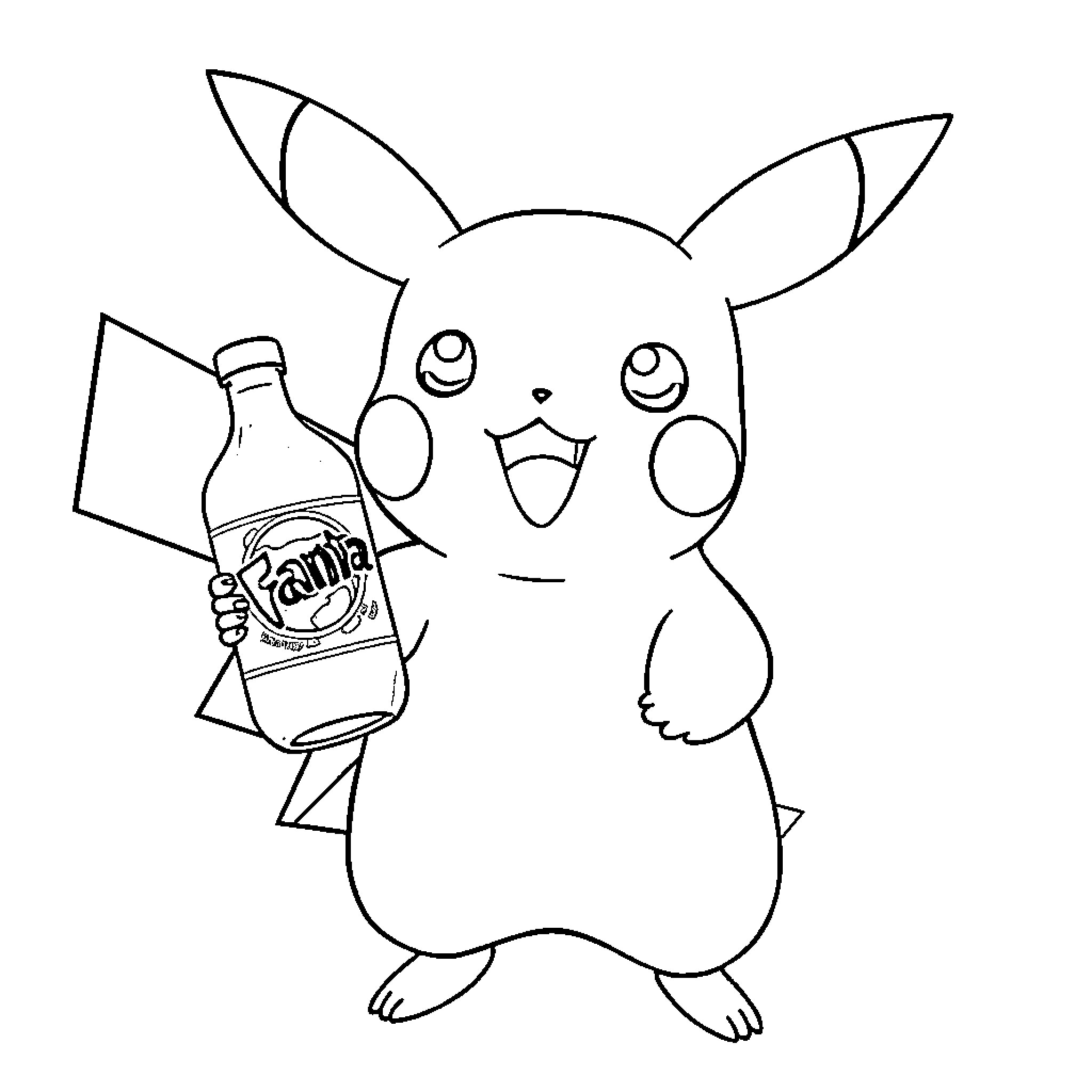 Pikachu holding a bottle of Fanta drink Coloring Page (free black-and-white line drawing printable PDF for all, from beginners to advanced learners, including children, teens, adults, and seniors)