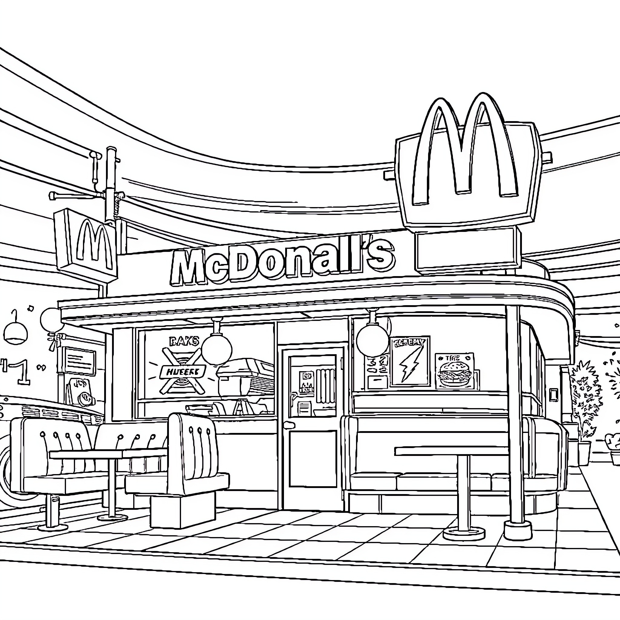 McDonald's restaurant exterior with signage and dining area Coloring Page (free black-and-white line drawing printable PDF for all, from beginners to advanced learners, including children, teens, adults, and seniors)