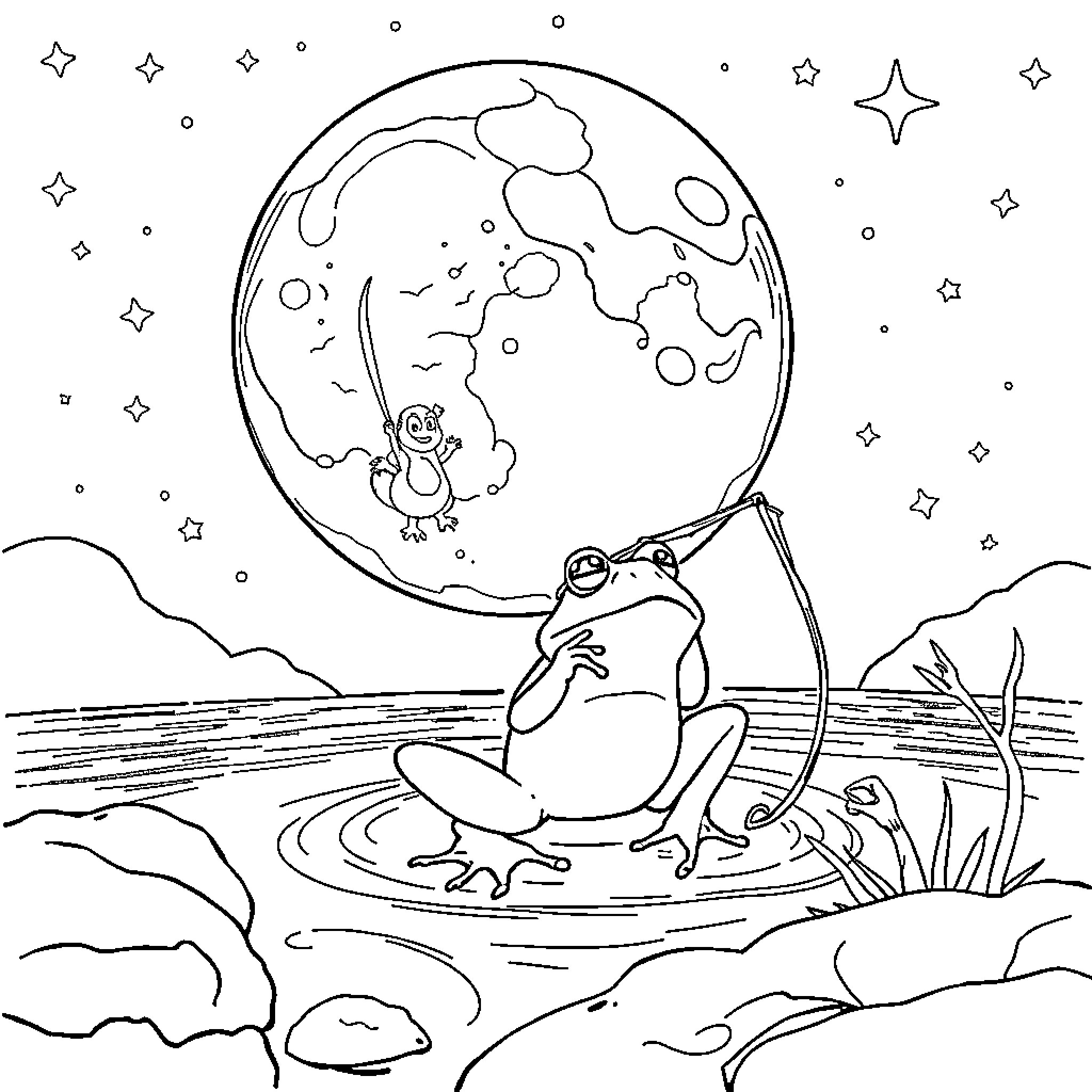 Frog gazing at the starry night sky Coloring Page (free black-and-white line drawing printable PDF for all, from beginners to advanced learners, including children, teens, adults, and seniors)