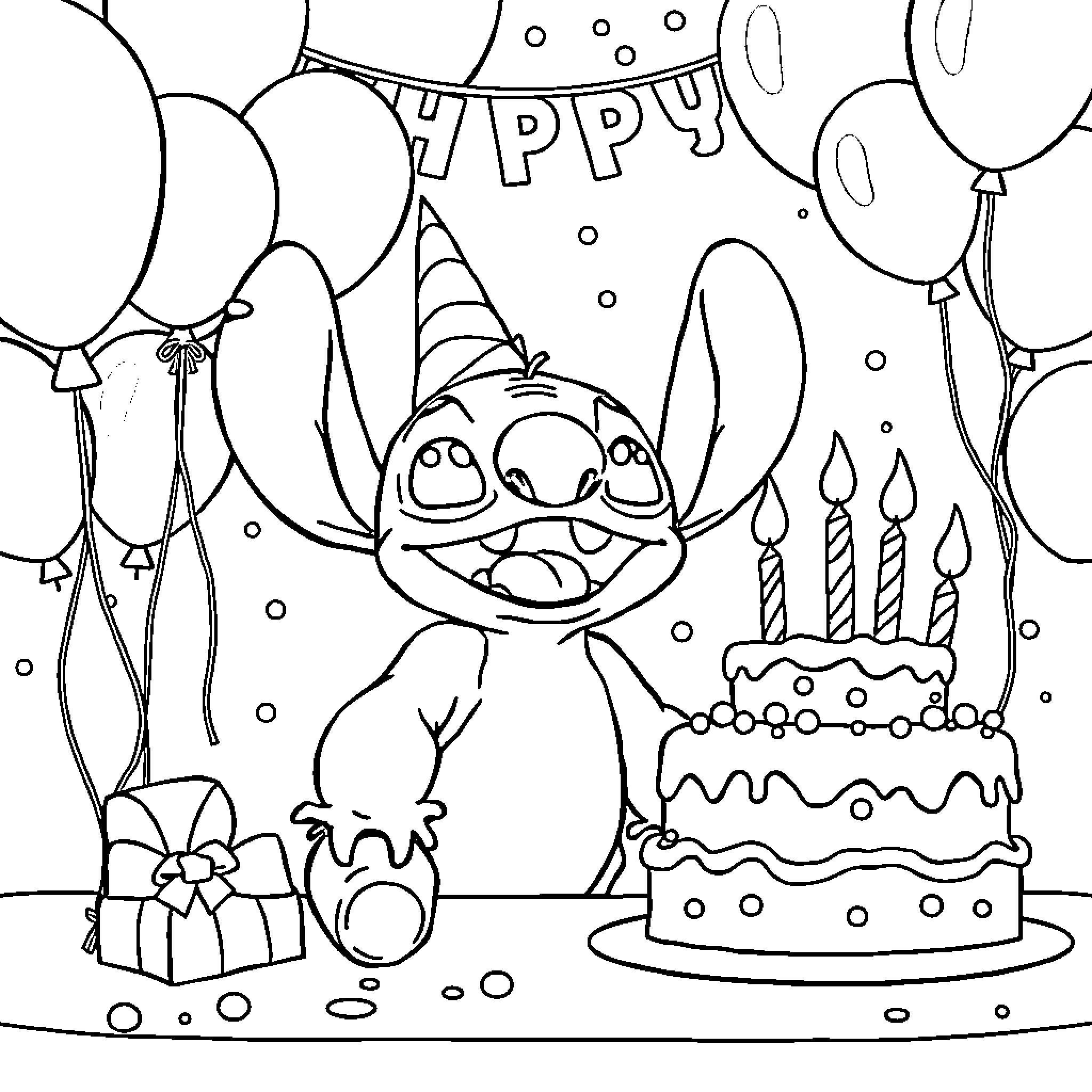 Stitch celebrating a happy birthday party Coloring Page (free black-and-white line drawing printable PDF for all, from beginners to advanced learners, including children, teens, adults, and seniors)