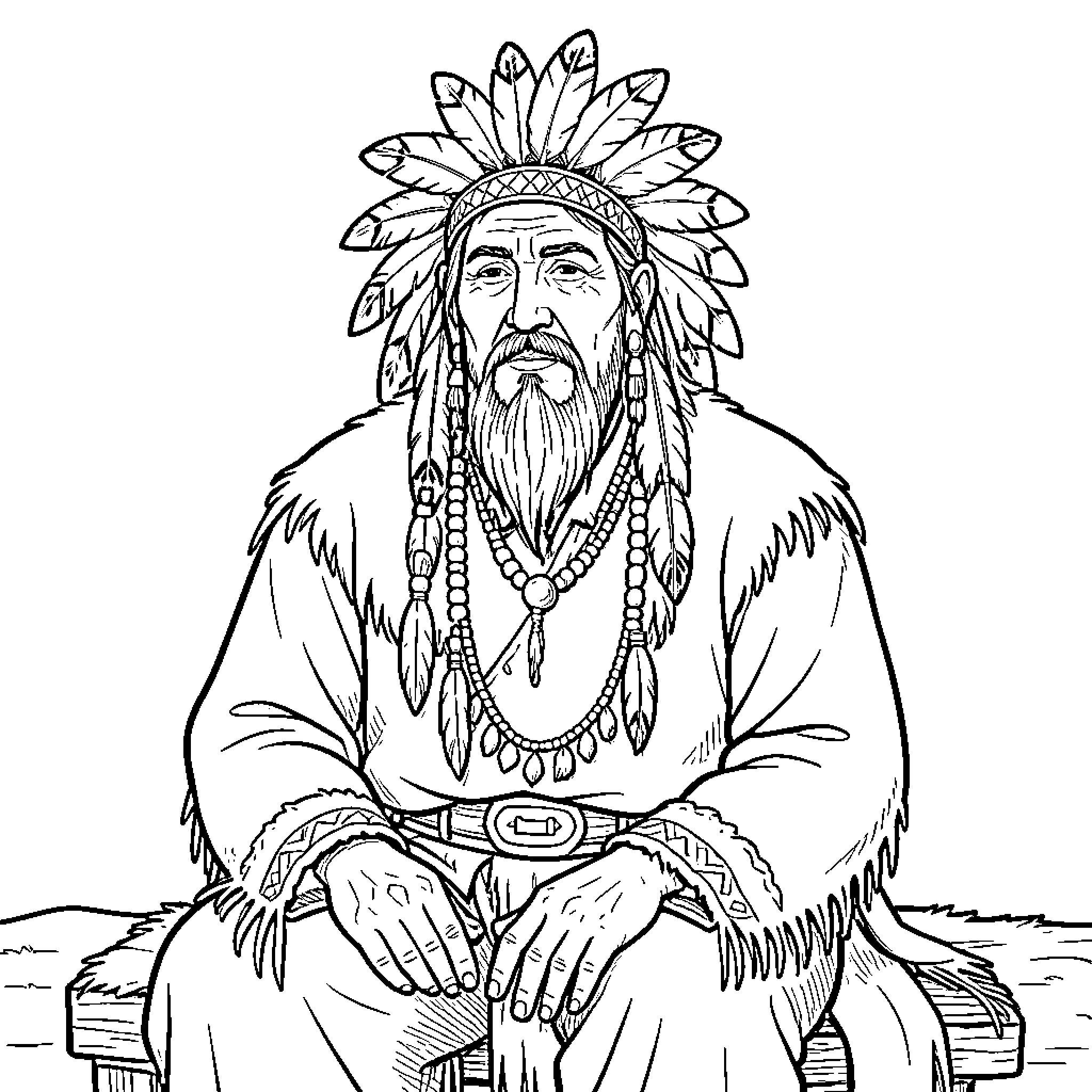 Sitting Bull wearing a traditional feathered headdress Coloring Page (free black-and-white line drawing printable PDF for all, from beginners to advanced learners, including children, teens, adults, and seniors)