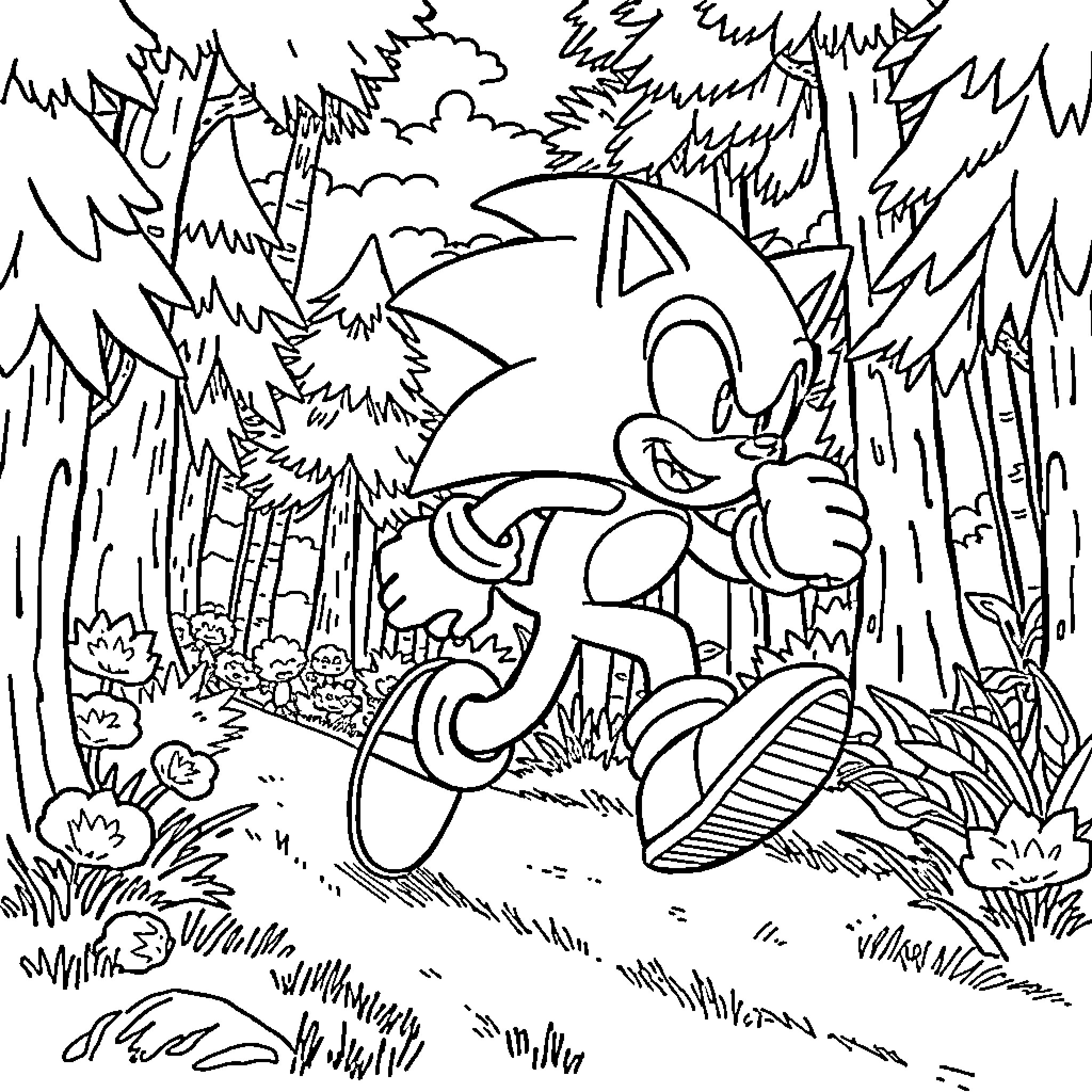 Sonic's energetic adventure in the forest Coloring Page (free black-and-white line drawing printable PDF for all, from beginners to advanced learners, including children, teens, adults, and seniors)