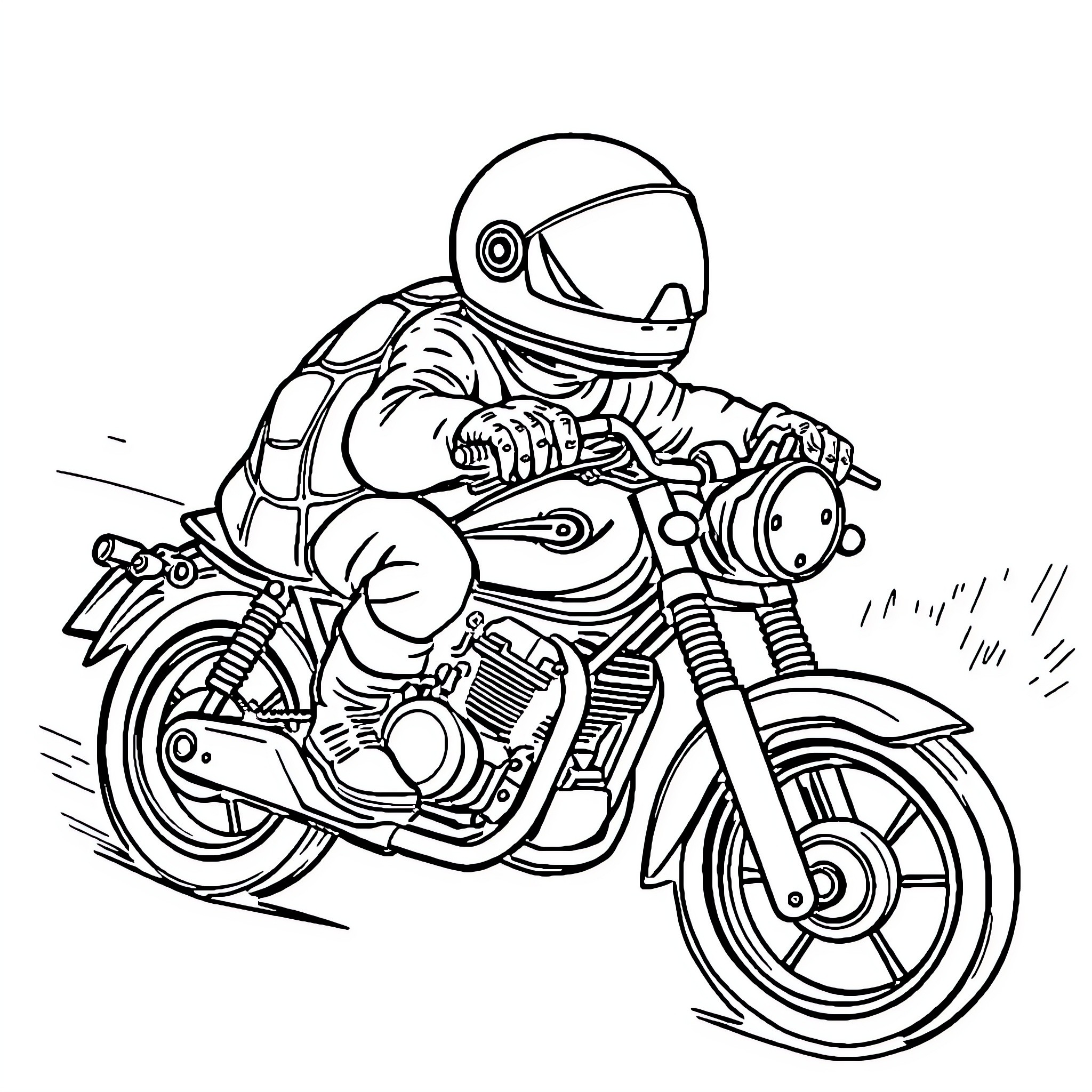 Turtle riding motorcycle on the road Coloring Page (free black-and-white line drawing printable PDF for all, from beginners to advanced learners, including children, teens, adults, and seniors)