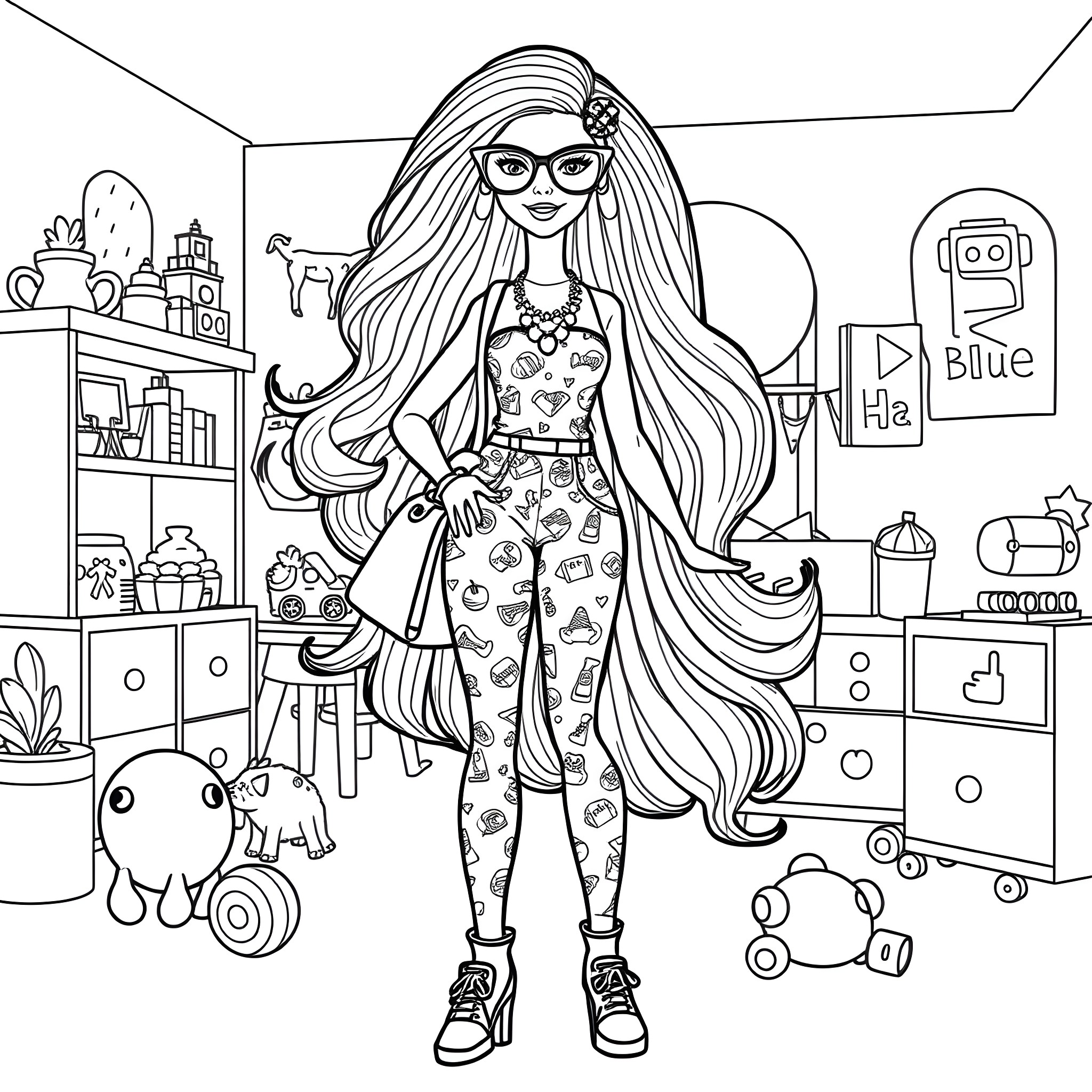 Barbie doll posing confidently in her room Coloring Page (free black-and-white line drawing printable PDF for all, from beginners to advanced learners, including children, teens, adults, and seniors)