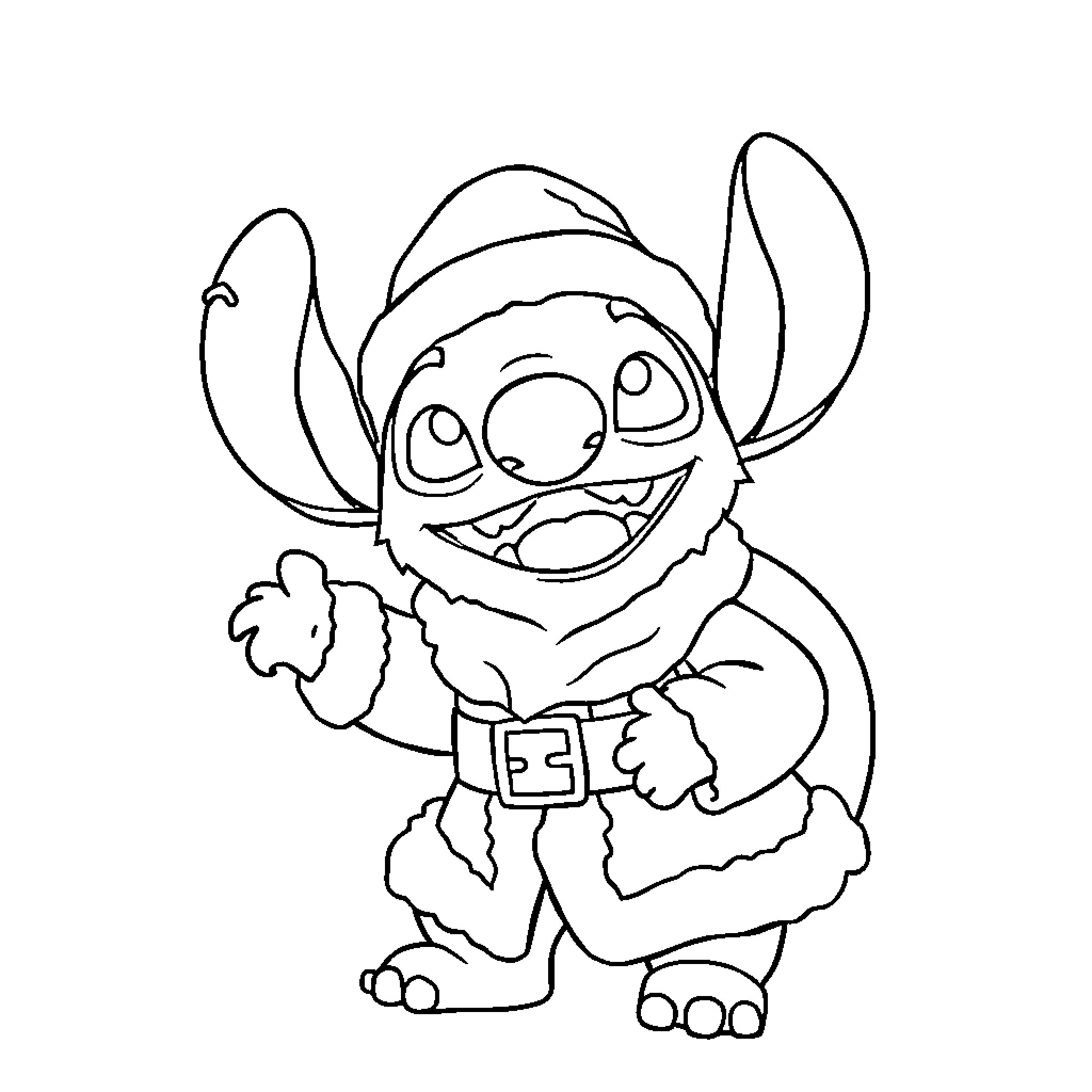 Stitch dressed as a playful elf Coloring Page (free black-and-white line drawing printable PDF for all, from beginners to advanced learners, including children, teens, adults, and seniors)