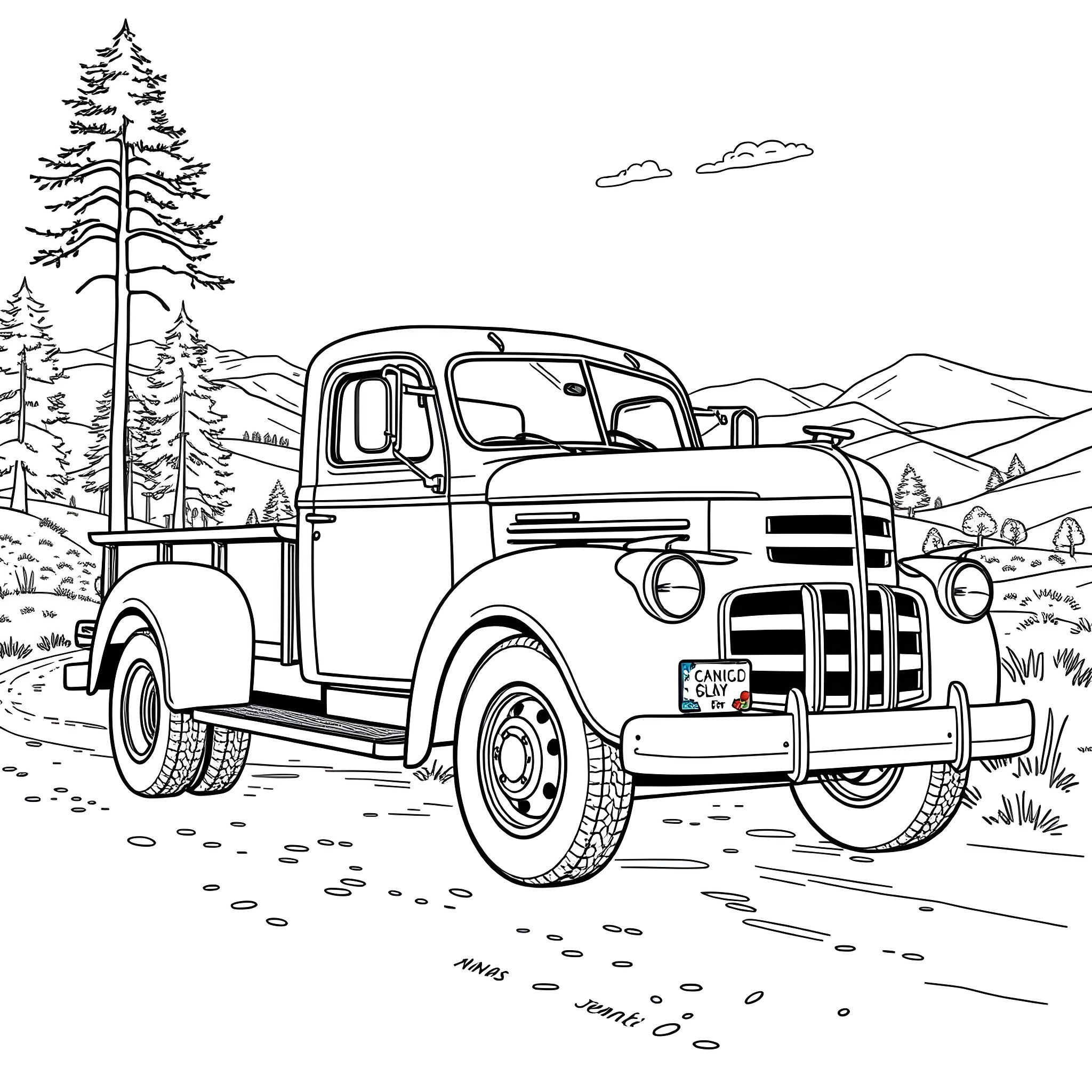 Truck parked in scenic mountain landscape Coloring Page (free black-and-white line drawing printable PDF for all, from beginners to advanced learners, including children, teens, adults, and seniors)