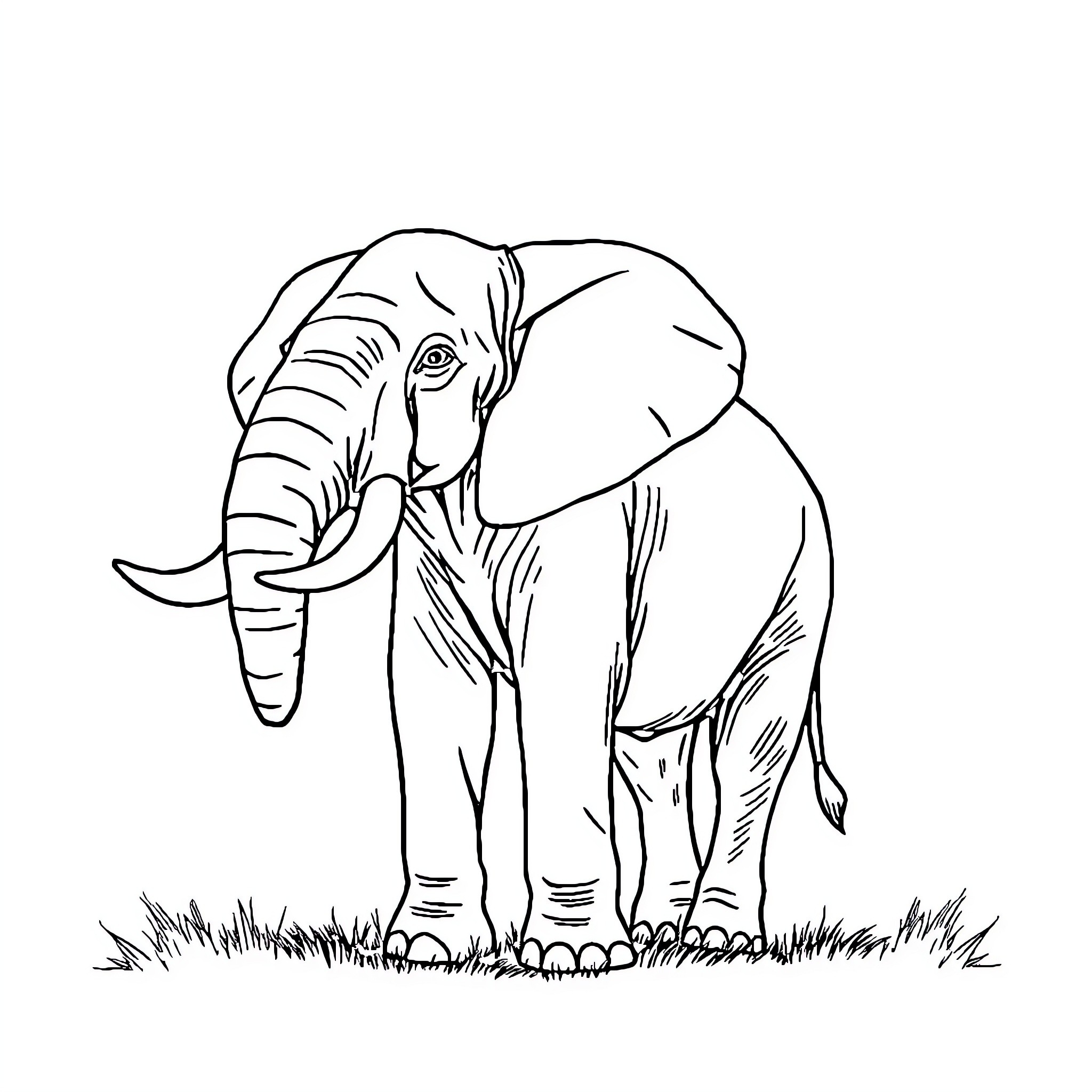 Elephant standing in the grass Coloring Page (free black-and-white line drawing printable PDF for all, from beginners to advanced learners, including children, teens, adults, and seniors)