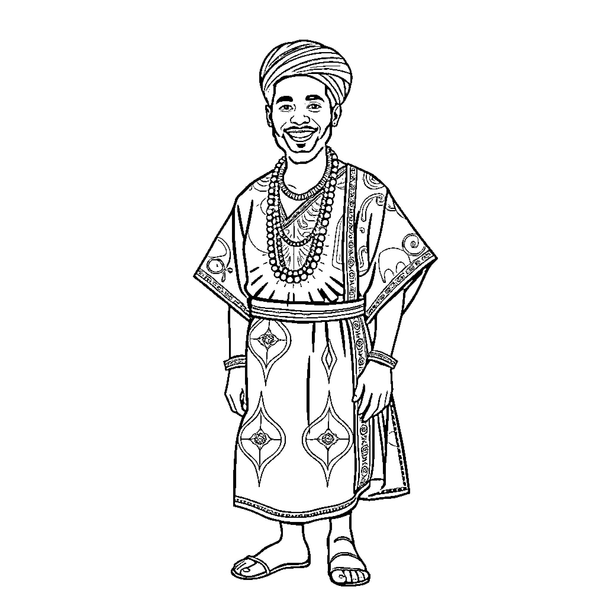 Man in traditional ethnic clothing and accessories Coloring Page (free black-and-white line drawing printable PDF for all, from beginners to advanced learners, including children, teens, adults, and seniors)