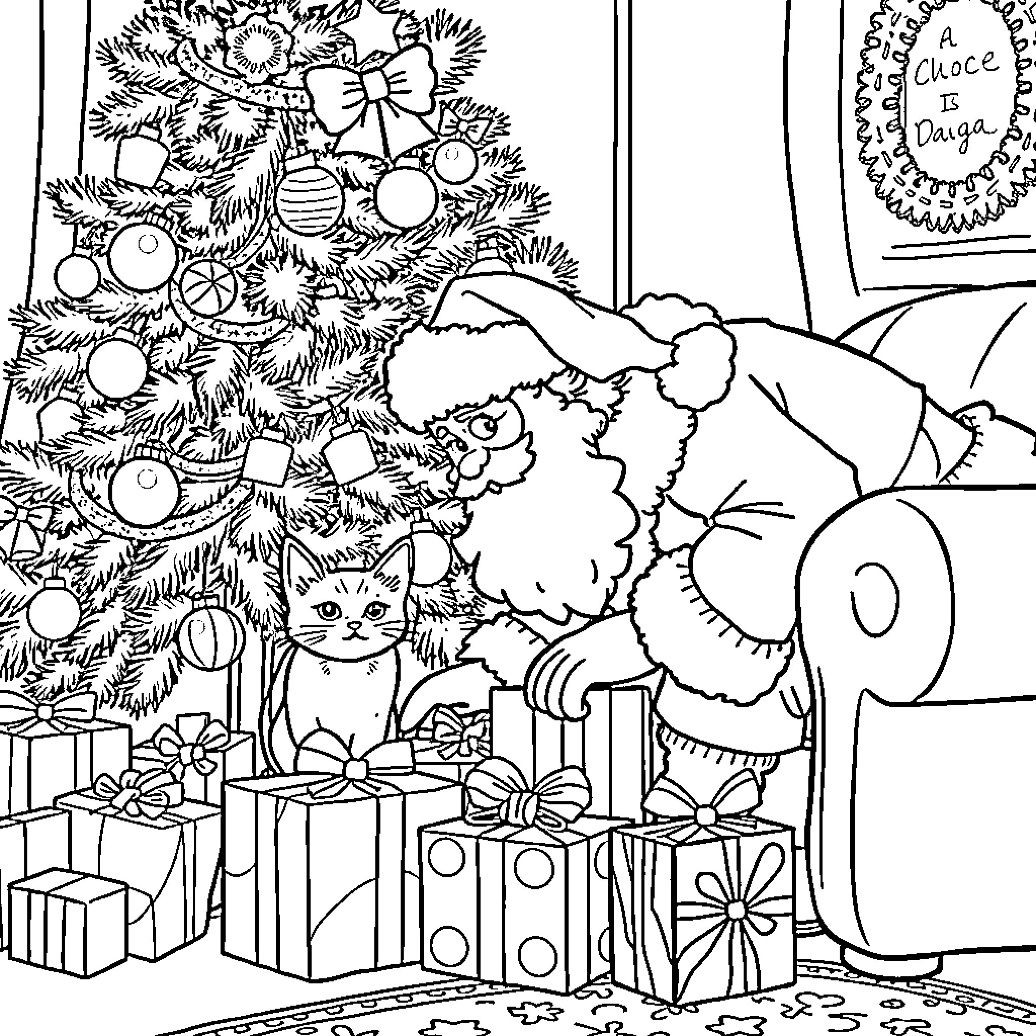 Santa Claus decorating Christmas tree with gifts Coloring Page (free black-and-white line drawing printable PDF for all, from beginners to advanced learners, including children, teens, adults, and seniors)