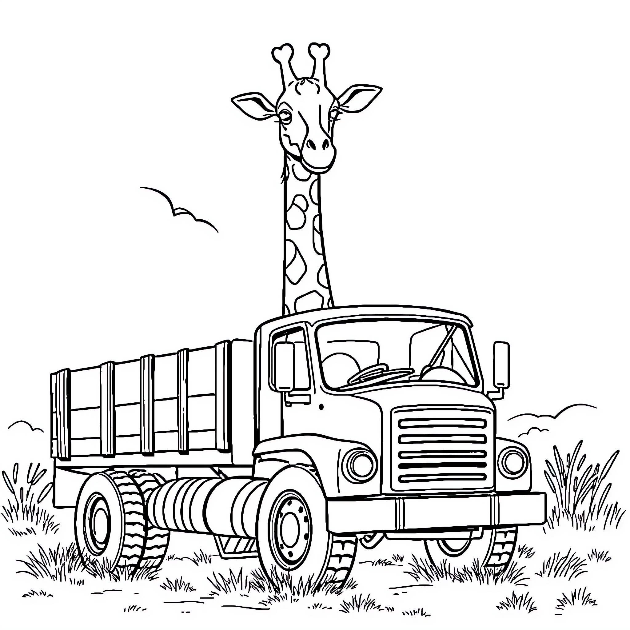 Giraffe riding a farm truck in the countryside Coloring Page (free black-and-white line drawing printable PDF for all, from beginners to advanced learners, including children, teens, adults, and seniors)