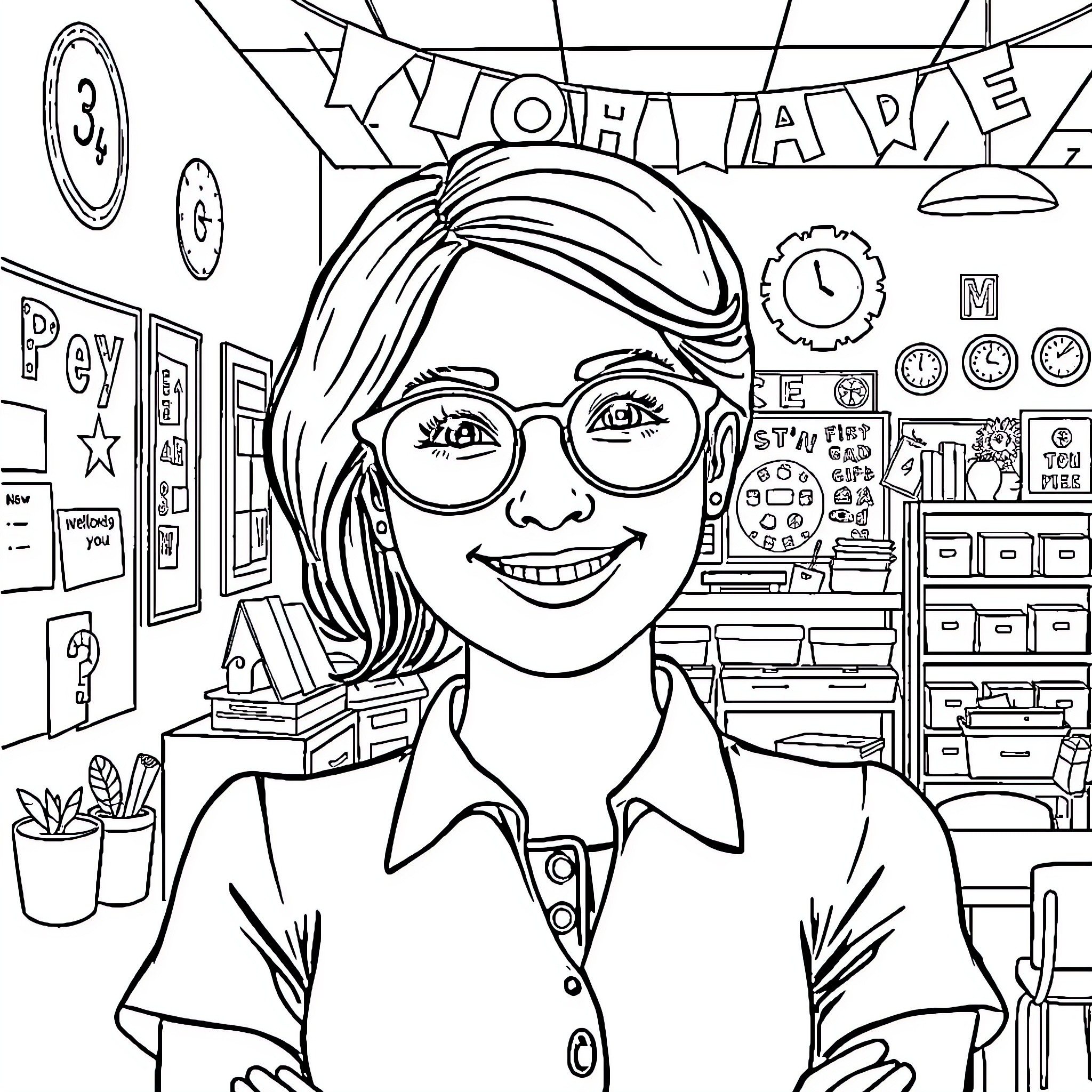 Teacher in Colorful Classroom with Decorations Coloring Page (free black-and-white line drawing printable PDF for all, from beginners to advanced learners, including children, teens, adults, and seniors)