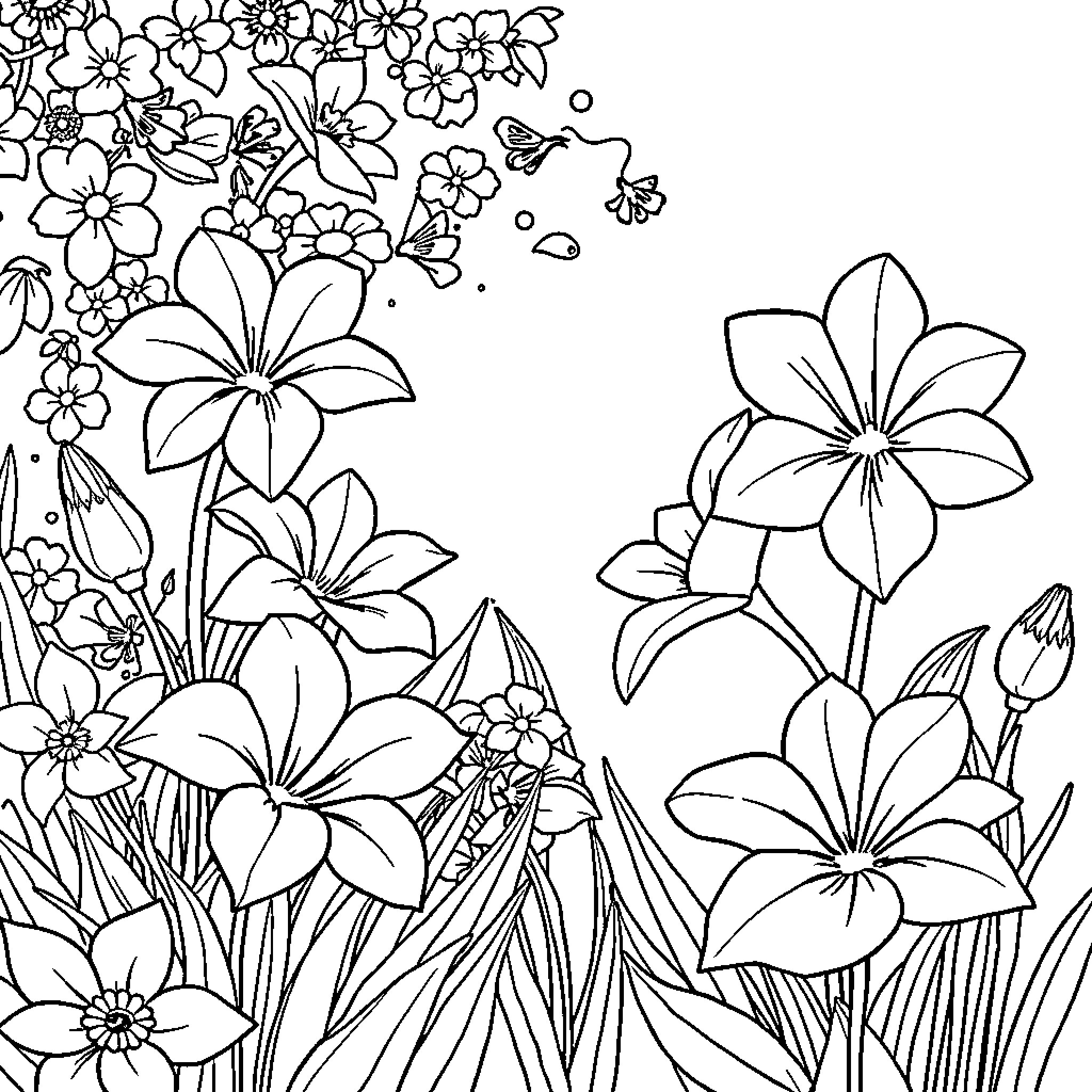 Flower garden with blooming flowers Coloring Page (free black-and-white line drawing printable PDF for all, from beginners to advanced learners, including children, teens, adults, and seniors)