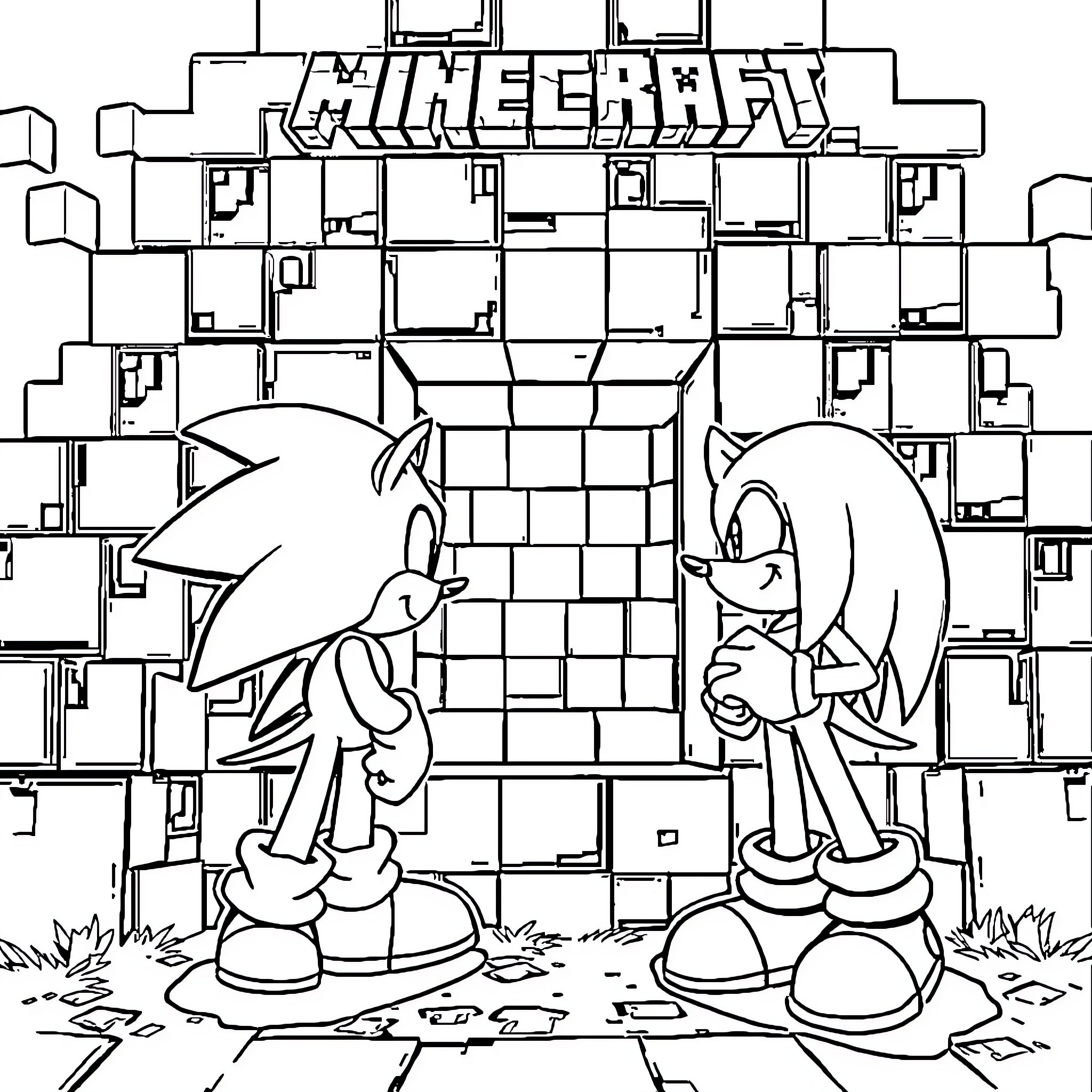 Sonic characters exploring the Minecraft world Coloring Page (free black-and-white line drawing printable PDF for all, from beginners to advanced learners, including children, teens, adults, and seniors)