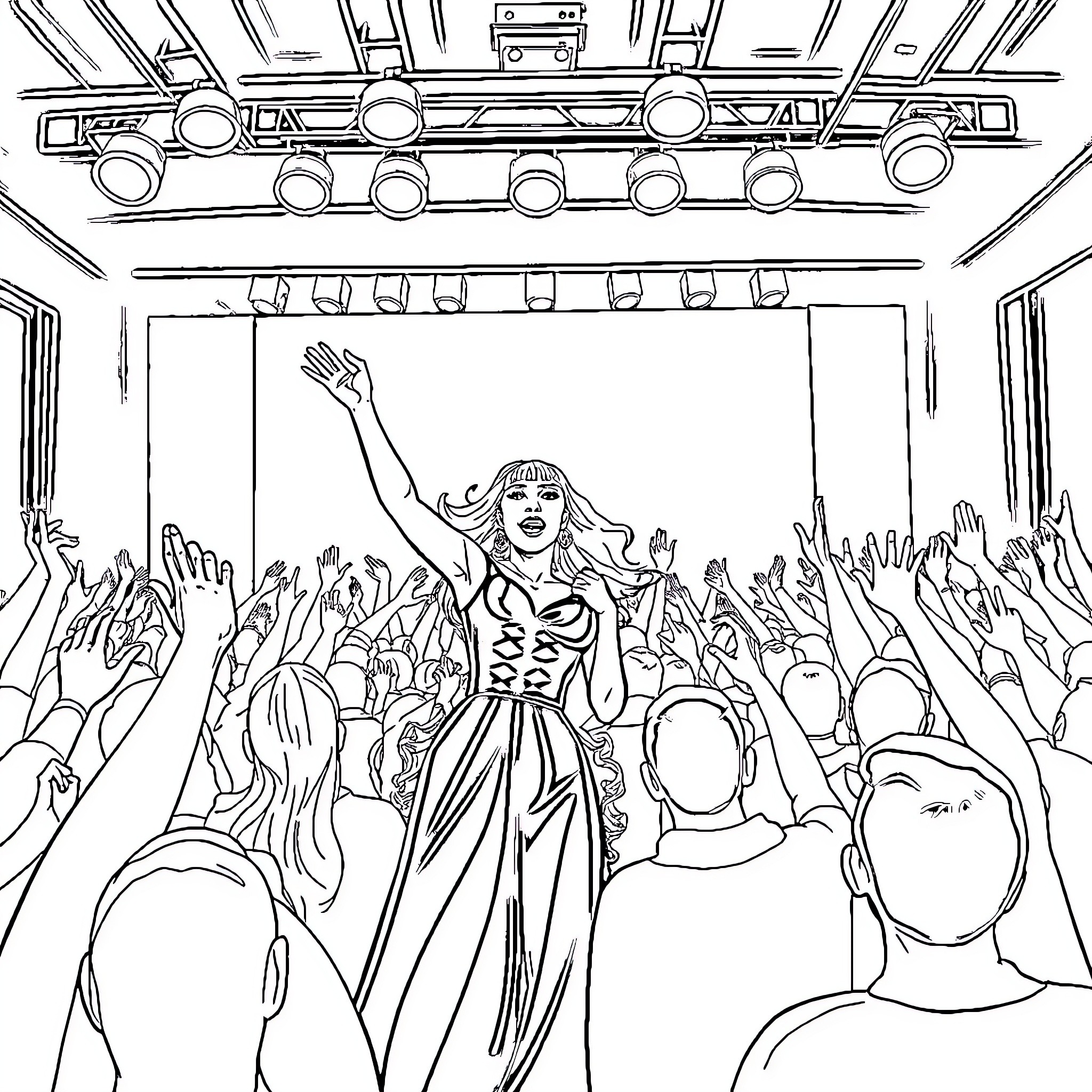 Lady Gaga Performing on Stage with Enthusiastic Crowd Coloring Page (free black-and-white line drawing printable PDF for all, from beginners to advanced learners, including children, teens, adults, and seniors)