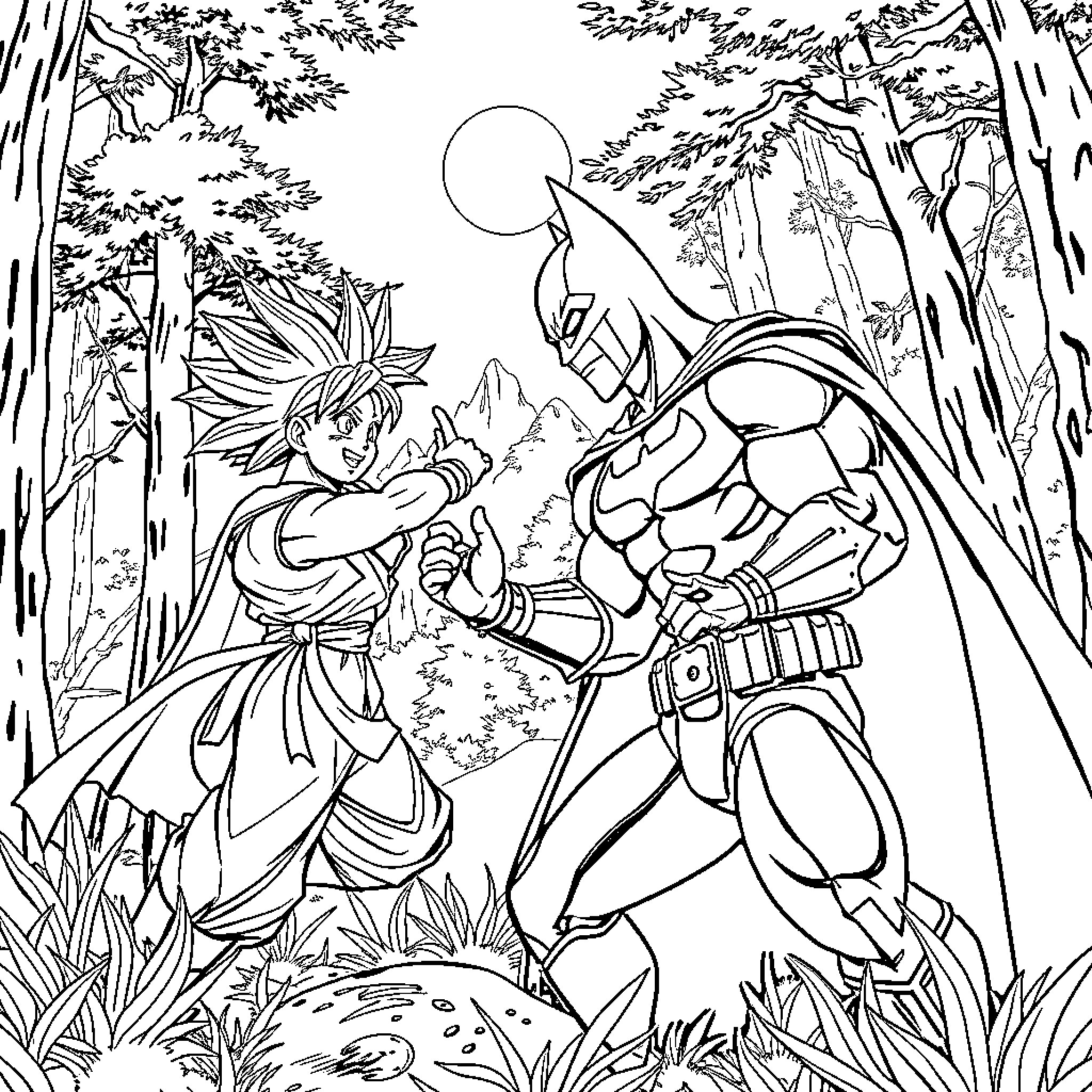 Batman fights villain in dark forest landscape Coloring Page (free black-and-white line drawing printable PDF for all, from beginners to advanced learners, including children, teens, adults, and seniors)