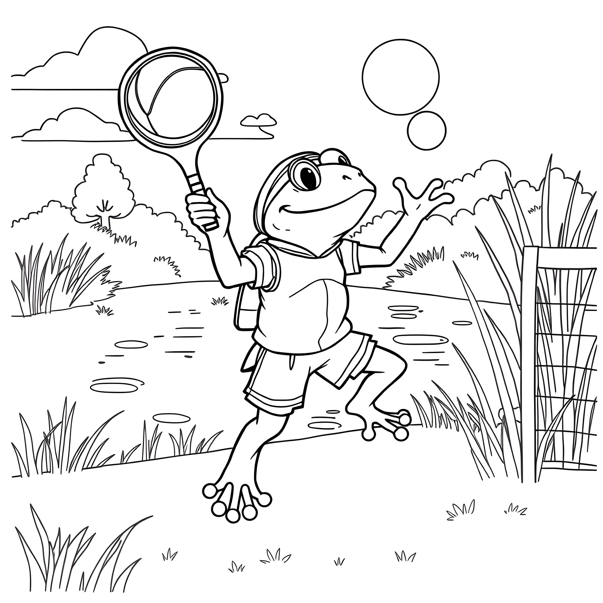 Frog catching butterflies in the garden Coloring Page (free black-and-white line drawing printable PDF for all, from beginners to advanced learners, including children, teens, adults, and seniors)