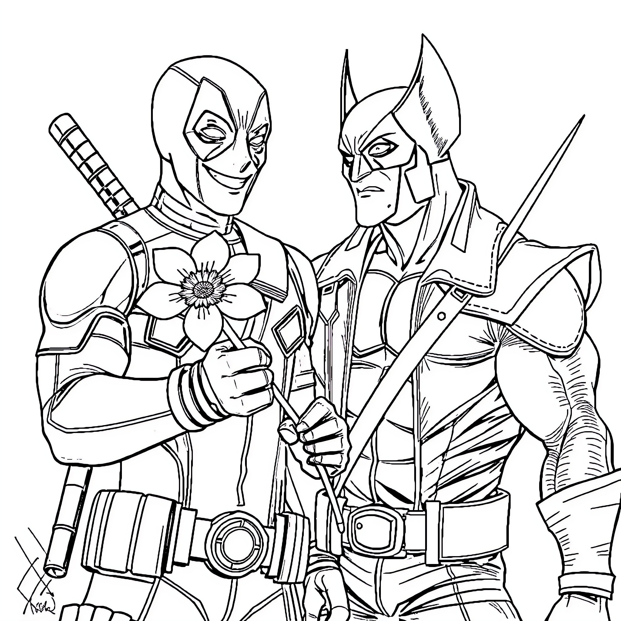 Deadpool and Wolverine's intense encounter Coloring Page (free black-and-white line drawing printable PDF for all, from beginners to advanced learners, including children, teens, adults, and seniors)