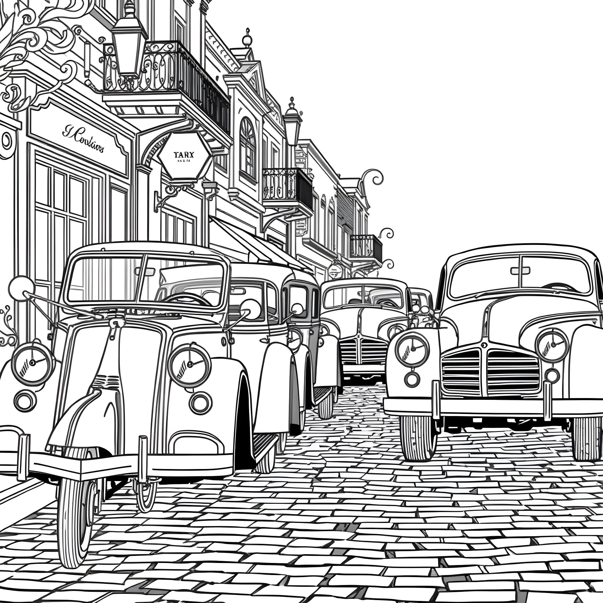 Vesicle of Classic Cars on Cobblestone Street Coloring Page (free black-and-white line drawing printable PDF for all, from beginners to advanced learners, including children, teens, adults, and seniors)