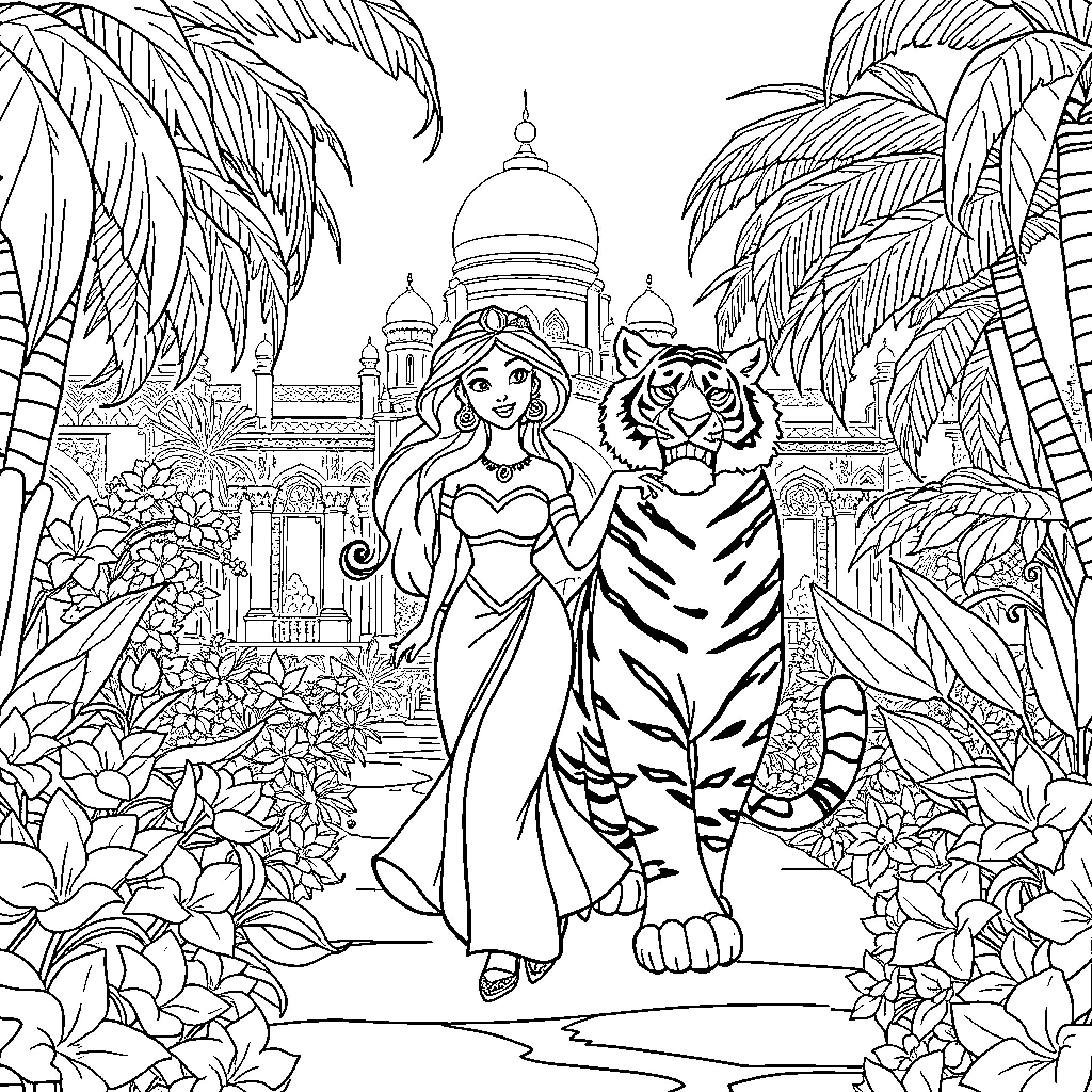 Jasmine exploring the enchanted palace gardens with her tiger companion Coloring Page (free black-and-white line drawing printable PDF for all, from beginners to advanced learners, including children, teens, adults, and seniors)