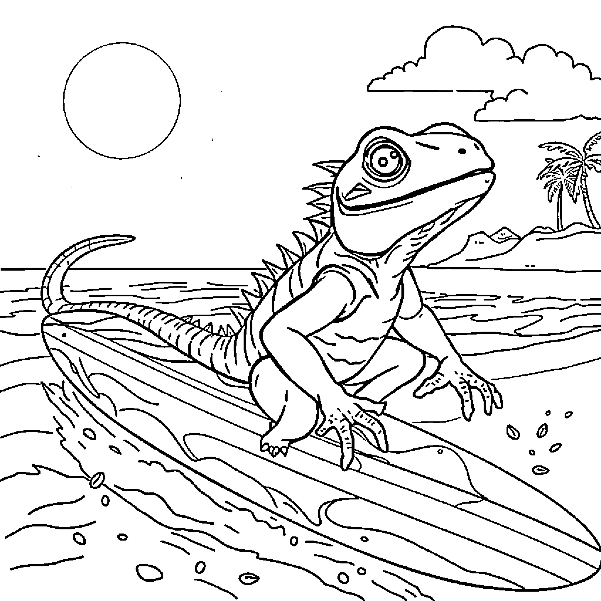 Iguana surfing on the beach Coloring Page (free black-and-white line drawing printable PDF for all, from beginners to advanced learners, including children, teens, adults, and seniors)
