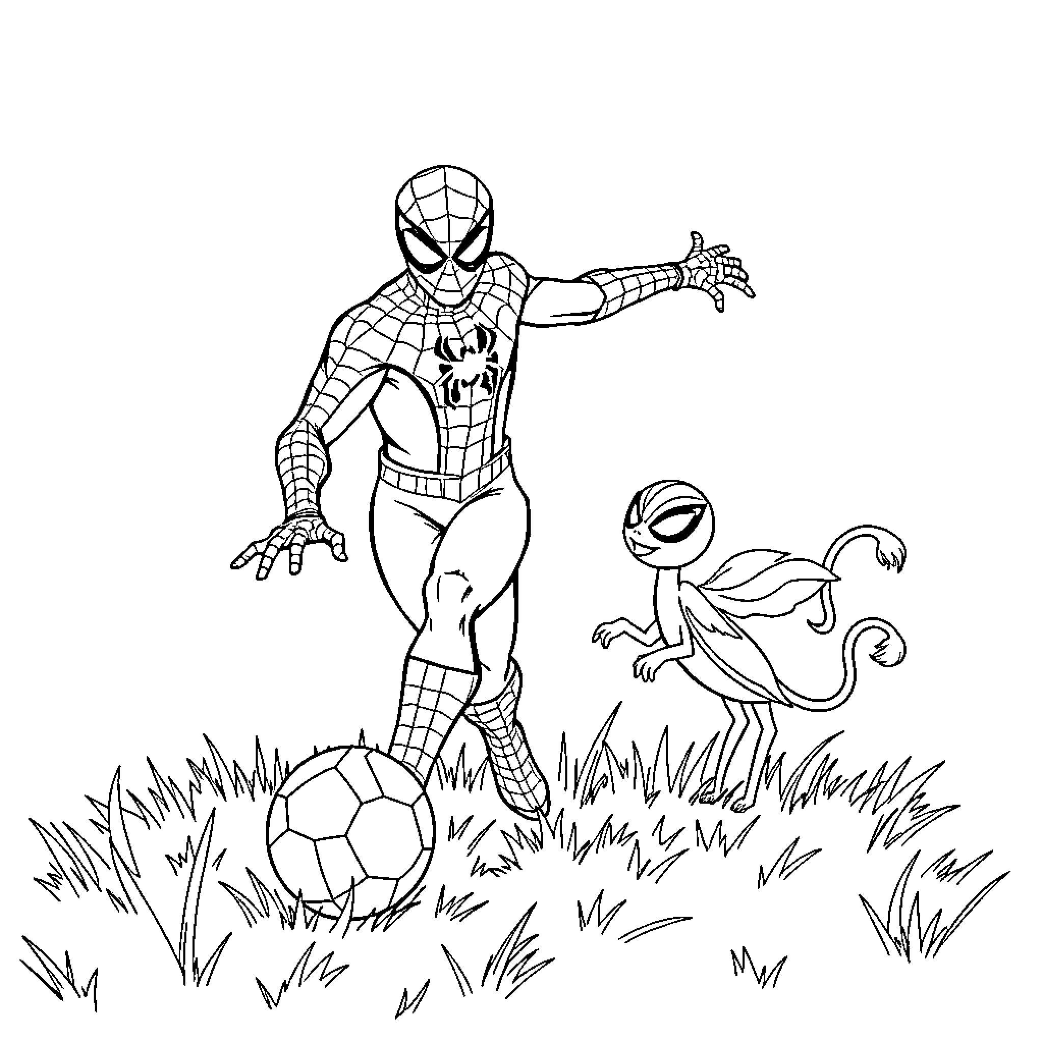 Spiderman playing soccer with a tiny fairy companion Coloring Page (free black-and-white line drawing printable PDF for all, from beginners to advanced learners, including children, teens, adults, and seniors)