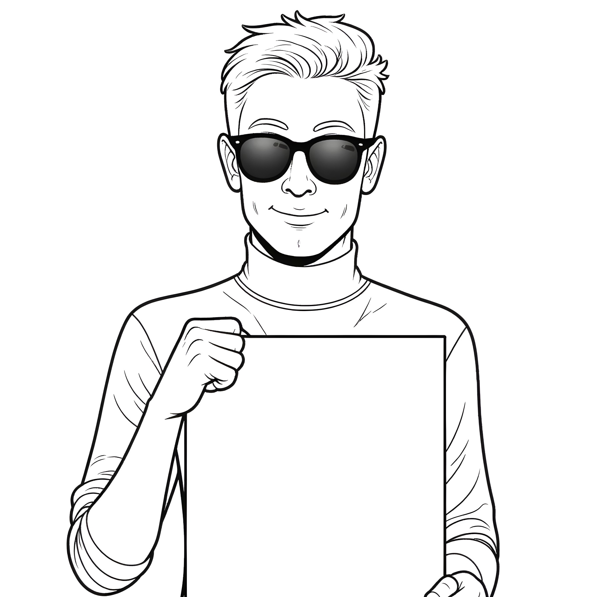 Man holding a blank sign while wearing sunglasses Coloring Page (free black-and-white line drawing printable PDF for all, from beginners to advanced learners, including children, teens, adults, and seniors)