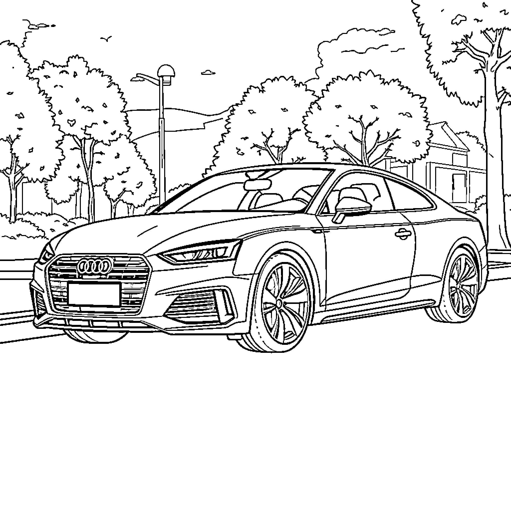 Audi A5 parked in serene urban setting Coloring Page (free black-and-white line drawing printable PDF for all, from beginners to advanced learners, including children, teens, adults, and seniors)