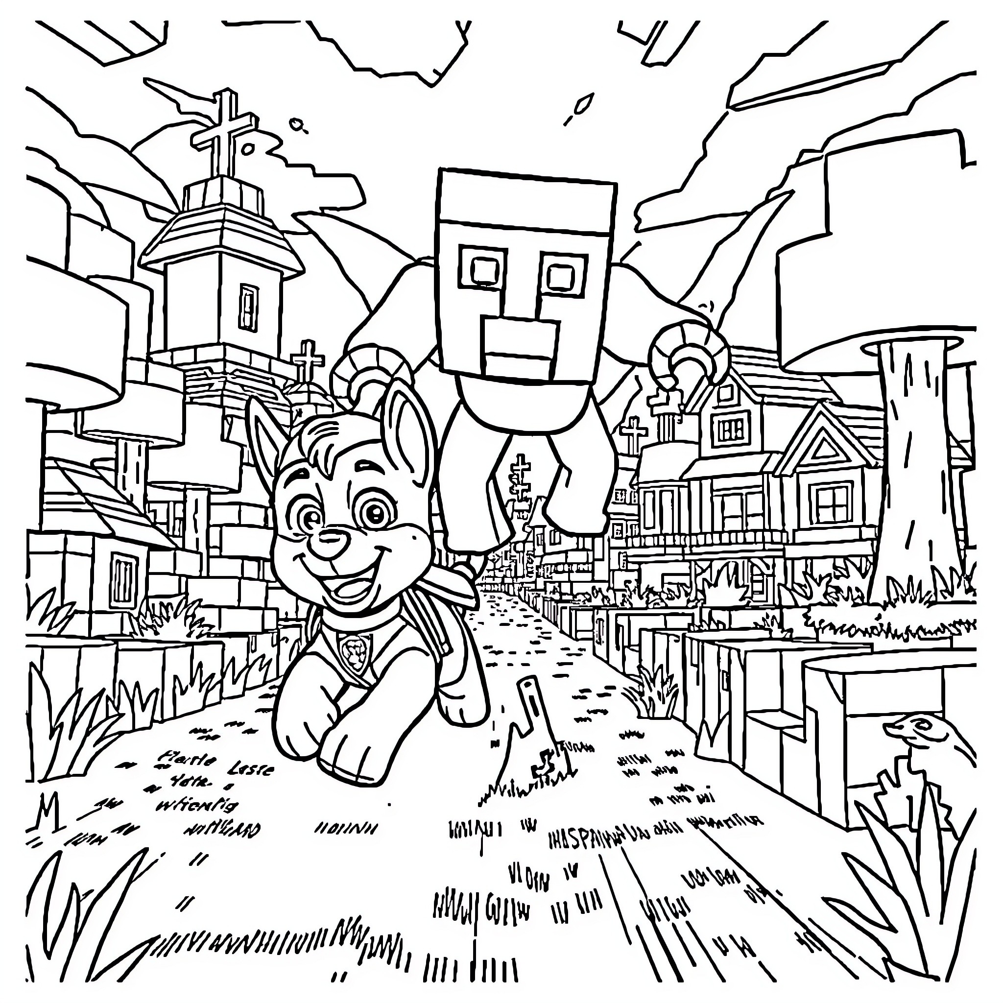 Chase through the Minecraft Village Coloring Page (free black-and-white line drawing printable PDF for all, from beginners to advanced learners, including children, teens, adults, and seniors)