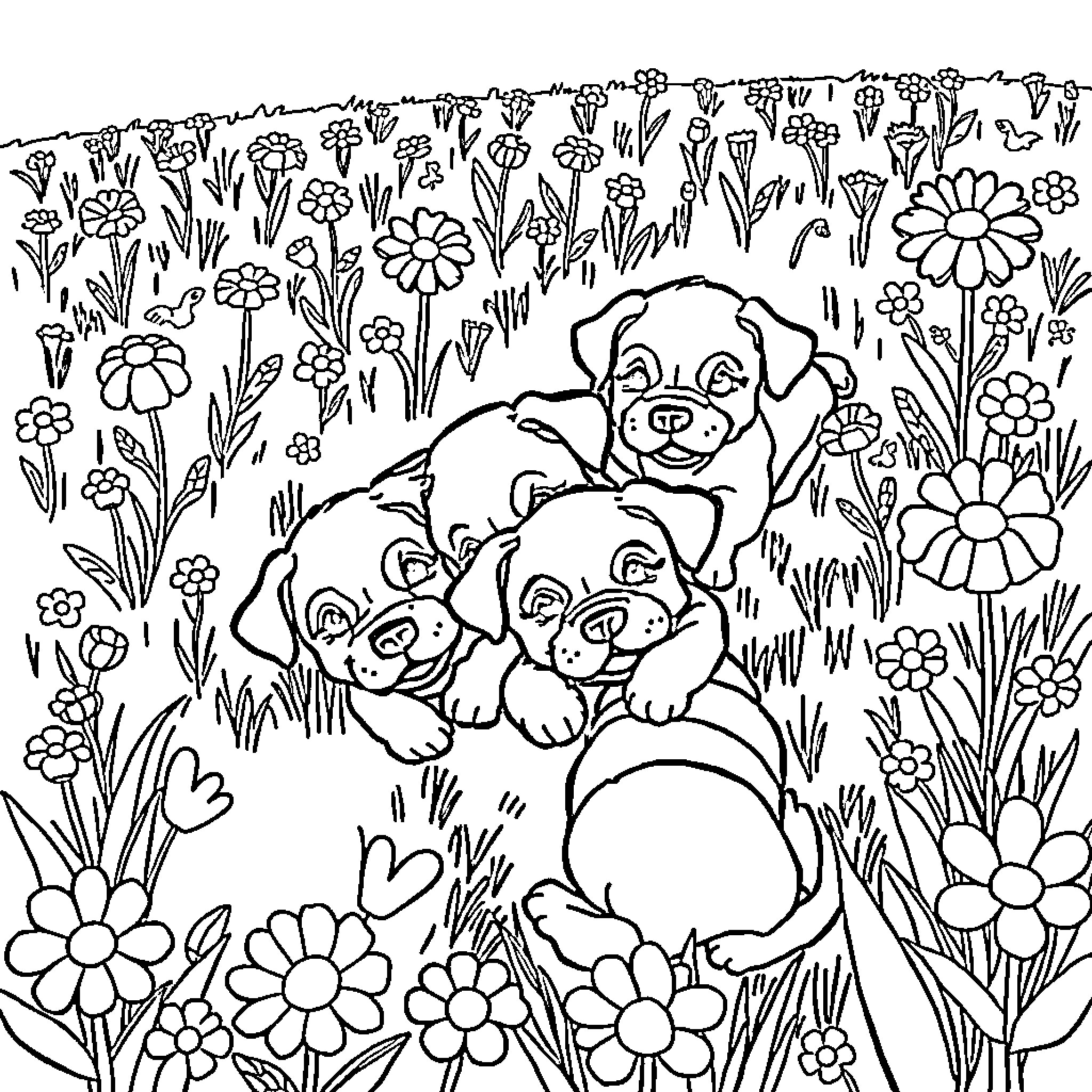 Puppy playing in a floral field Coloring Page (free black-and-white line drawing printable PDF for all, from beginners to advanced learners, including children, teens, adults, and seniors)