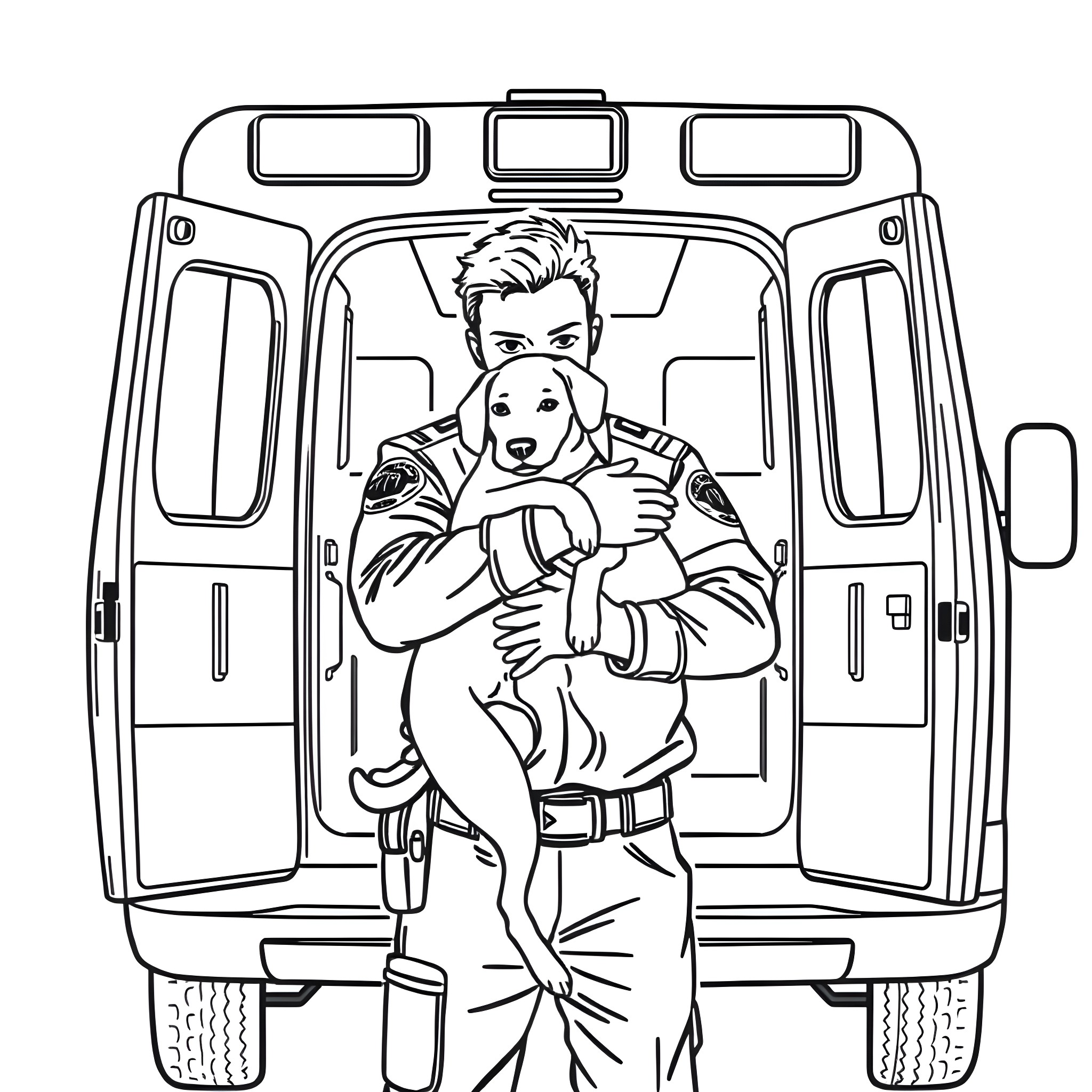 Paramedic rescuing a dog from an emergency situation Coloring Page (free black-and-white line drawing printable PDF for all, from beginners to advanced learners, including children, teens, adults, and seniors)