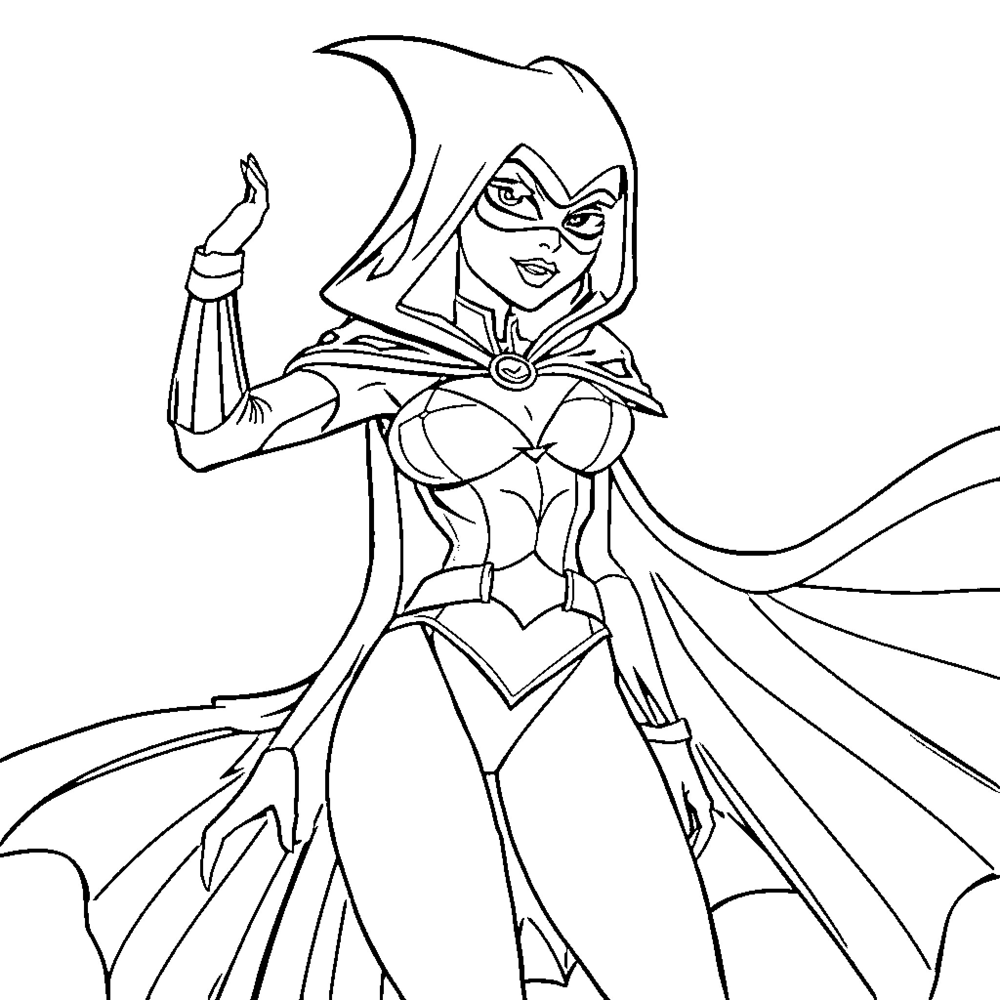 Raven heroine striking a powerful pose Coloring Page (free black-and-white line drawing printable PDF for all, from beginners to advanced learners, including children, teens, adults, and seniors)