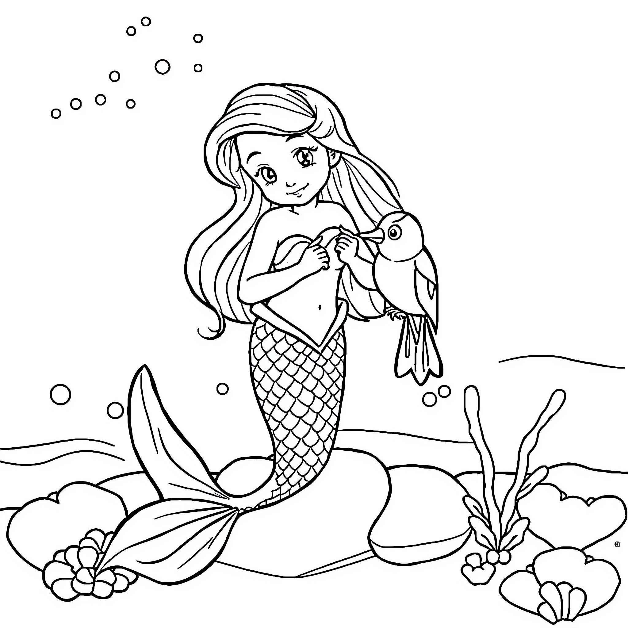 Mermaid enjoying the underwater scenery Coloring Page (free black-and-white line drawing printable PDF for all, from beginners to advanced learners, including children, teens, adults, and seniors)