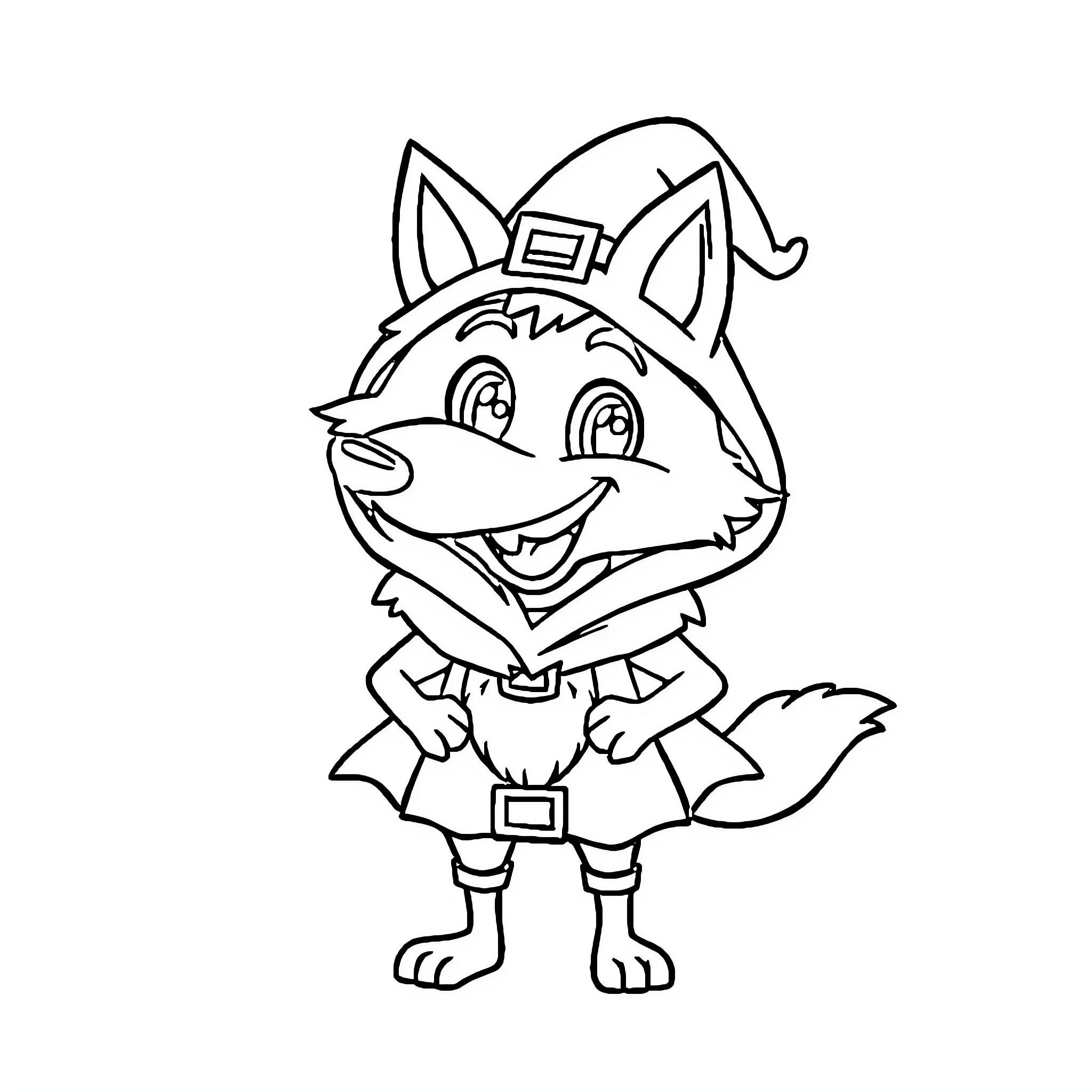 Wolf in festive outfit smiling cheerfully Coloring Page (free black-and-white line drawing printable PDF for all, from beginners to advanced learners, including children, teens, adults, and seniors)