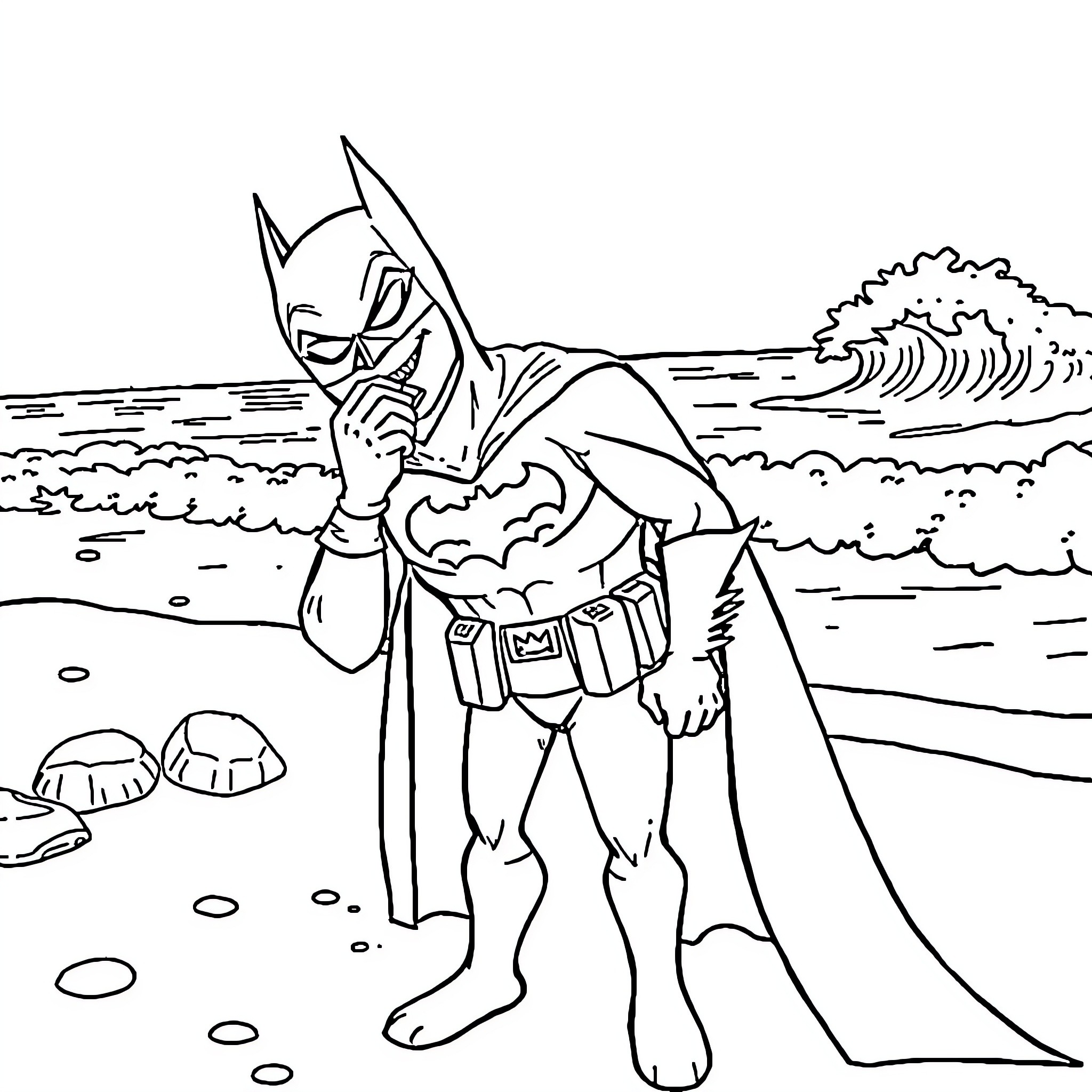 Batman facing the ocean in dramatic pose Coloring Page (free black-and-white line drawing printable PDF for all, from beginners to advanced learners, including children, teens, adults, and seniors)