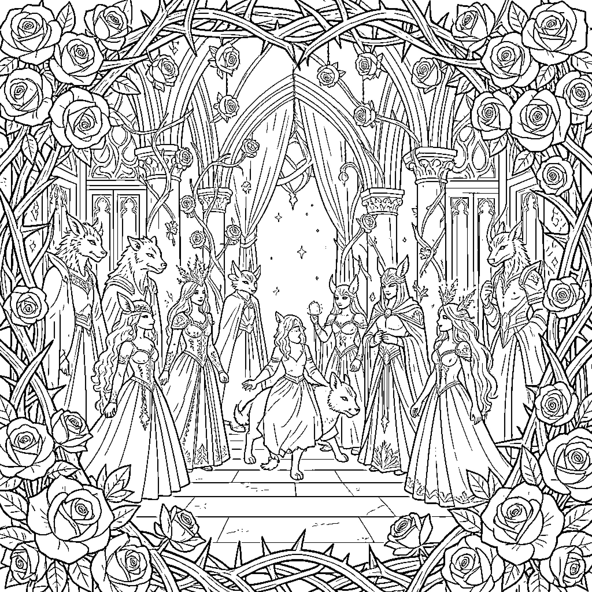 Rose garden scene with elegant figures and mythical creatures Coloring Page (free black-and-white line drawing printable PDF for all, from beginners to advanced learners, including children, teens, adults, and seniors)
