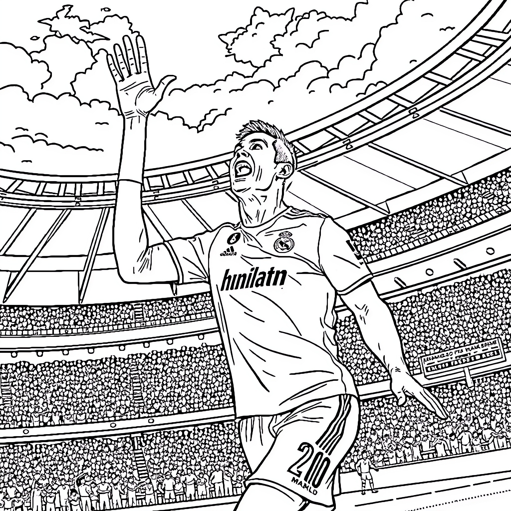 Ronaldo celebrating with arms raised in stadium Coloring Page (free black-and-white line drawing printable PDF for all, from beginners to advanced learners, including children, teens, adults, and seniors)
