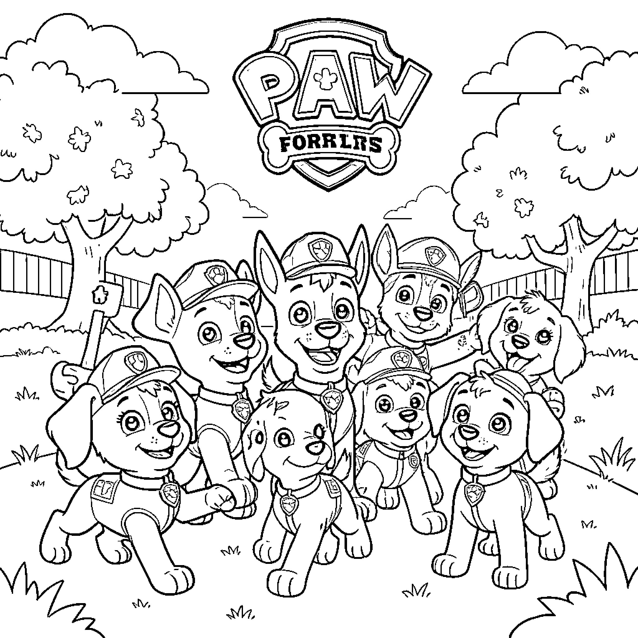 Paw Patrol friends on an adventure Coloring Page (free black-and-white line drawing printable PDF for all, from beginners to advanced learners, including children, teens, adults, and seniors)