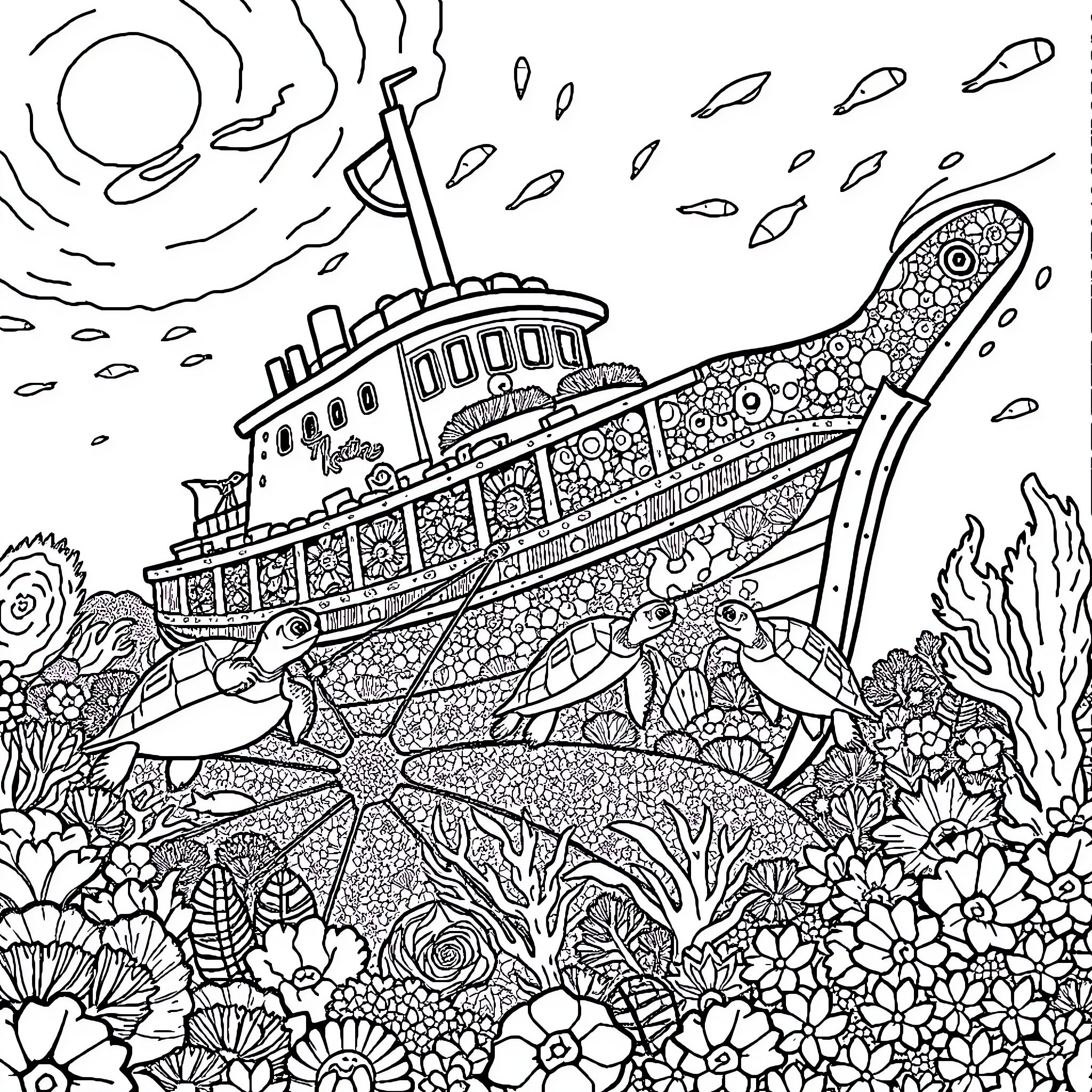 Sea Turtle exploring colorful underwater scene Coloring Page (free black-and-white line drawing printable PDF for all, from beginners to advanced learners, including children, teens, adults, and seniors)