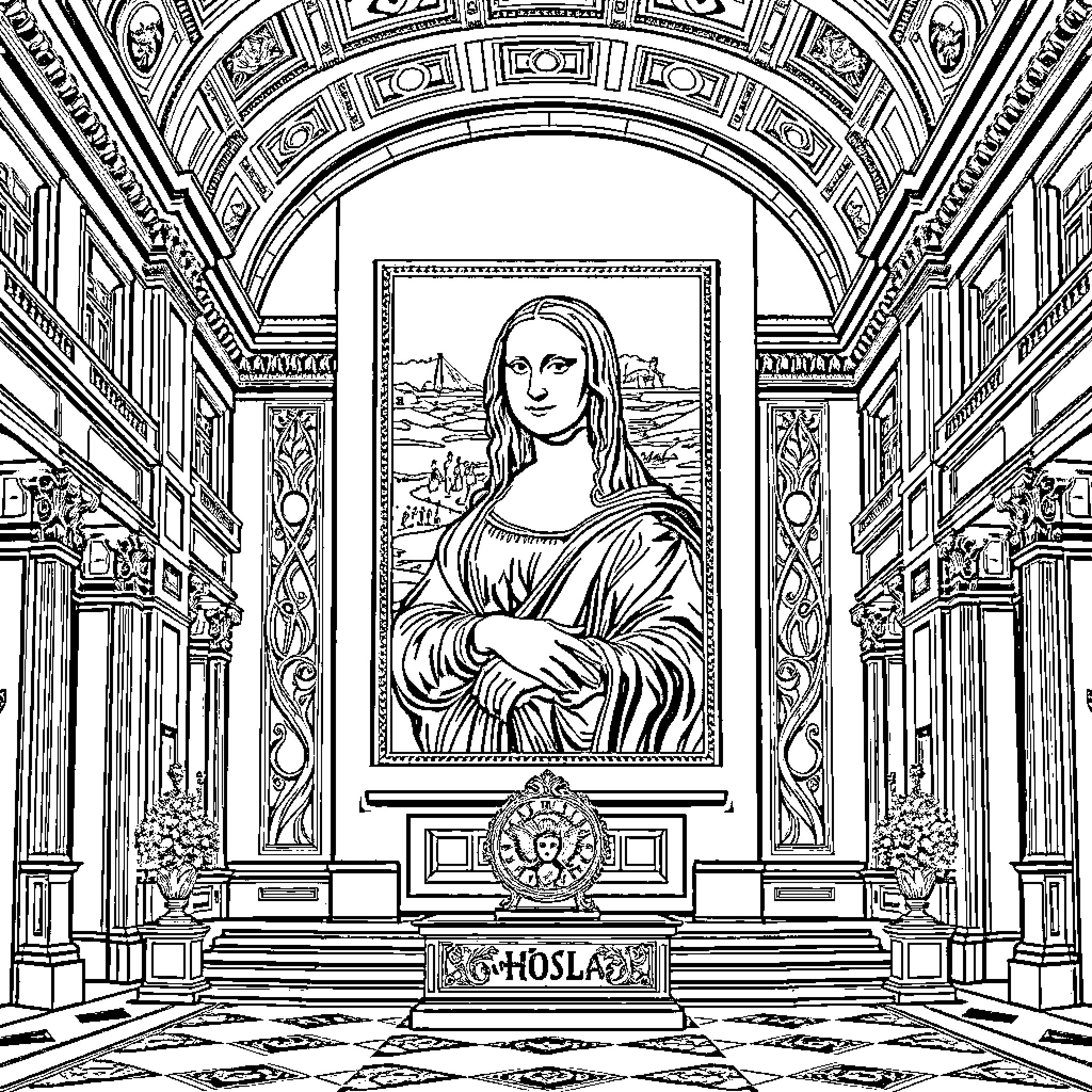 Mona Lisa portrait displayed in ornate gallery Coloring Page (free black-and-white line drawing printable PDF for all, from beginners to advanced learners, including children, teens, adults, and seniors)