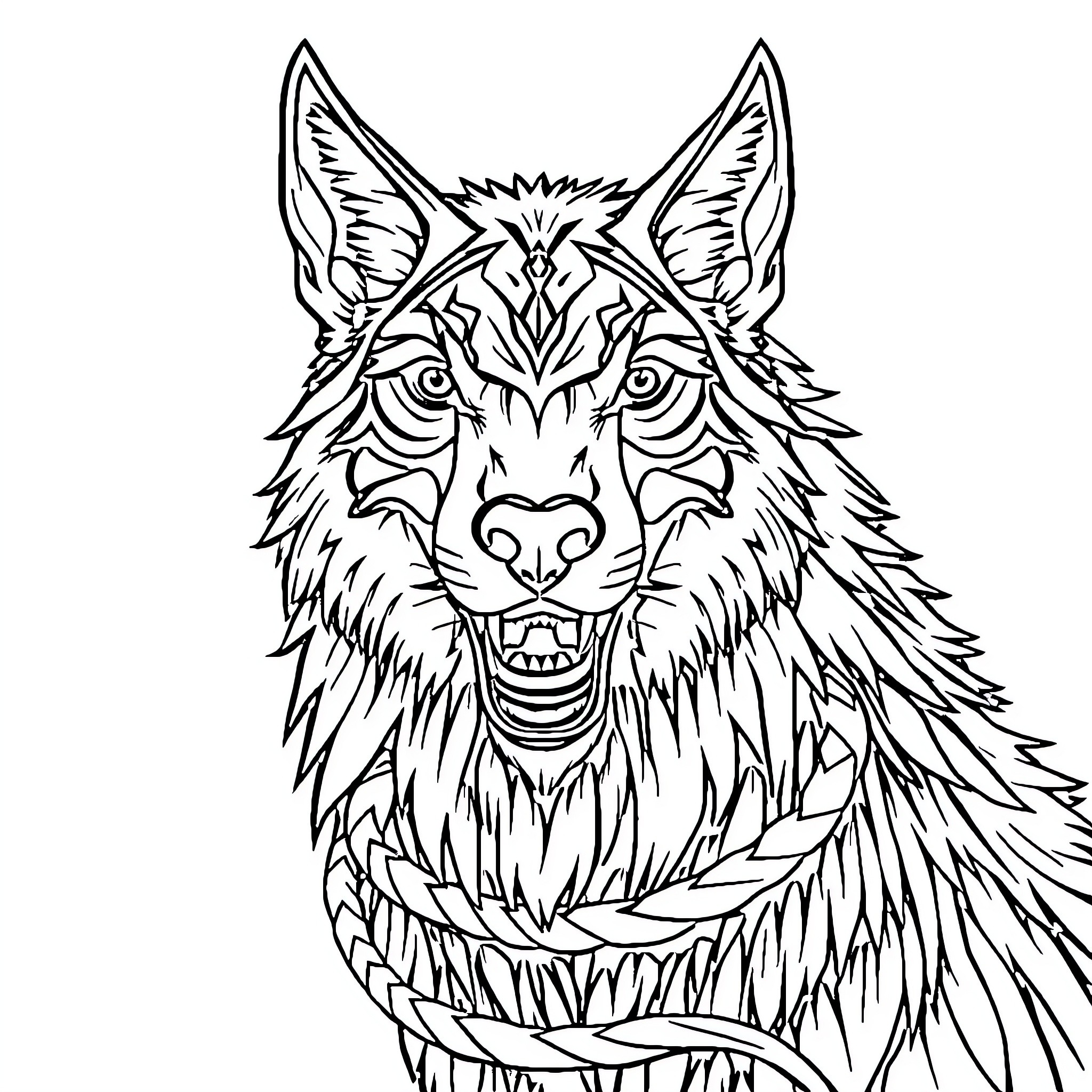 Wolf with intricate patterned fur Coloring Page (free black-and-white line drawing printable PDF for all, from beginners to advanced learners, including children, teens, adults, and seniors)