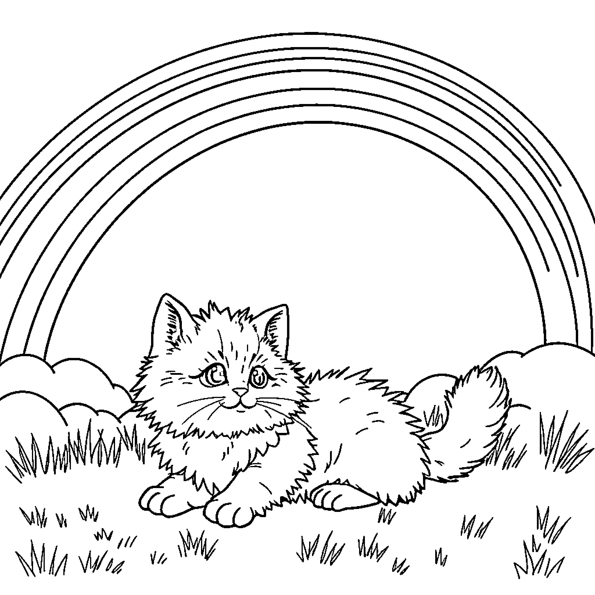 Cat exploring the rainbow and clouds Coloring Page (free black-and-white line drawing printable PDF for all, from beginners to advanced learners, including children, teens, adults, and seniors)
