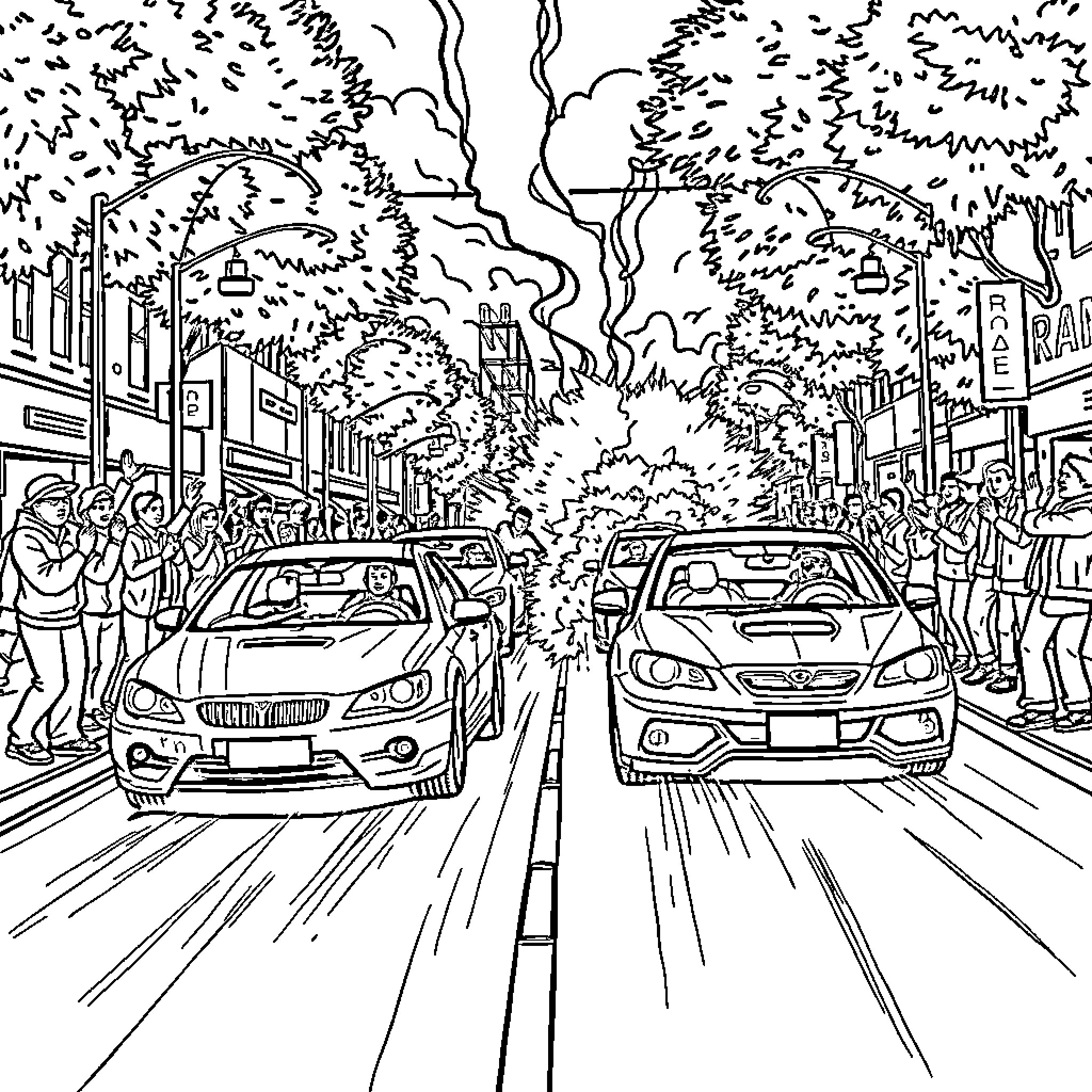 Clash Roadworthy Cars Battling on Busy Street Coloring Page (free black-and-white line drawing printable PDF for all, from beginners to advanced learners, including children, teens, adults, and seniors)