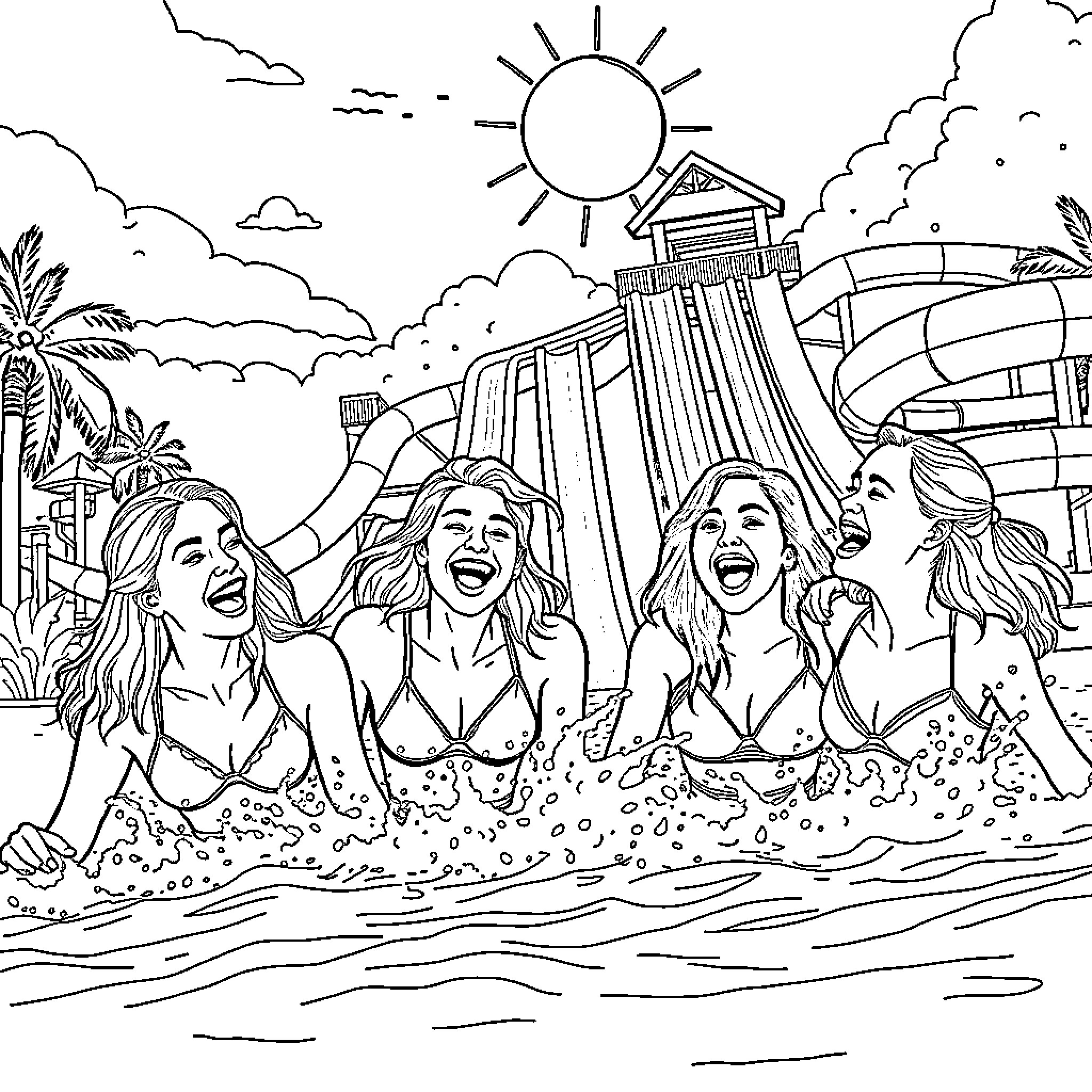 Friend's fun at the water park Coloring Page (free black-and-white line drawing printable PDF for all, from beginners to advanced learners, including children, teens, adults, and seniors)