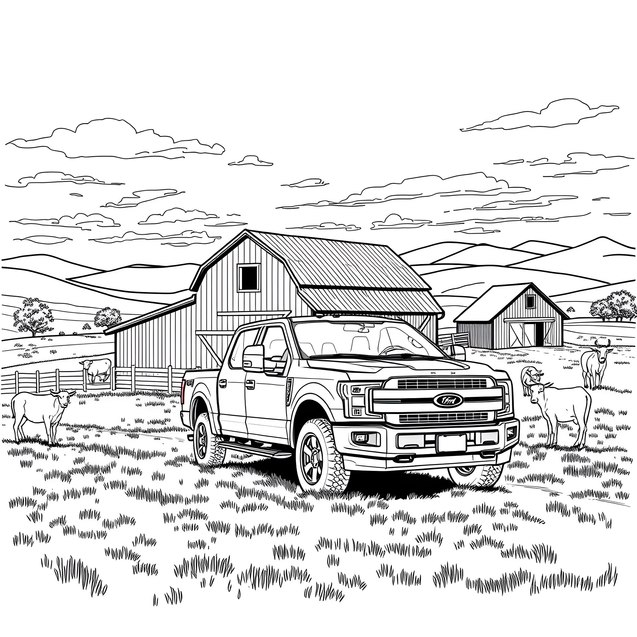 Pickup truck driving through scenic rural landscape Coloring Page (free black-and-white line drawing printable PDF for all, from beginners to advanced learners, including children, teens, adults, and seniors)
