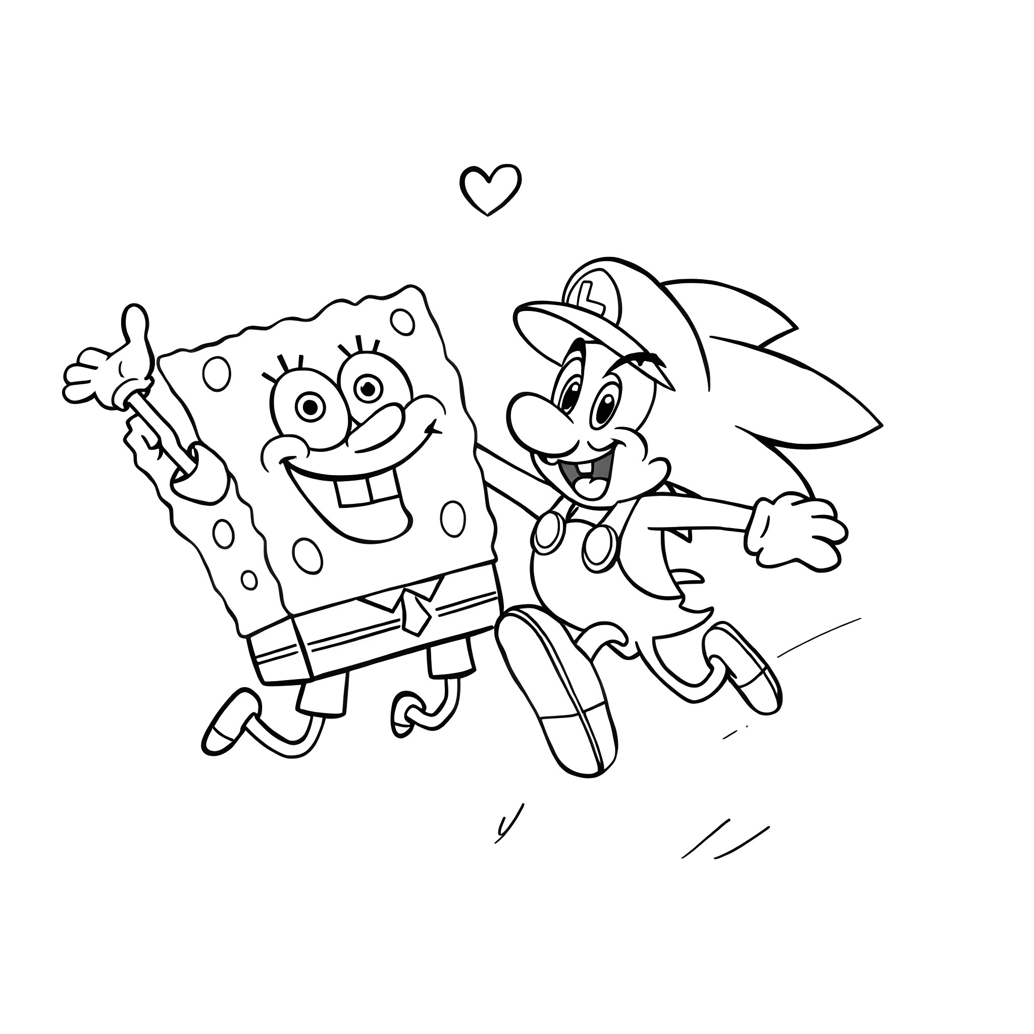 Spongebob and Sonic running happily together Coloring Page (free black-and-white line drawing printable PDF for all, from beginners to advanced learners, including children, teens, adults, and seniors)