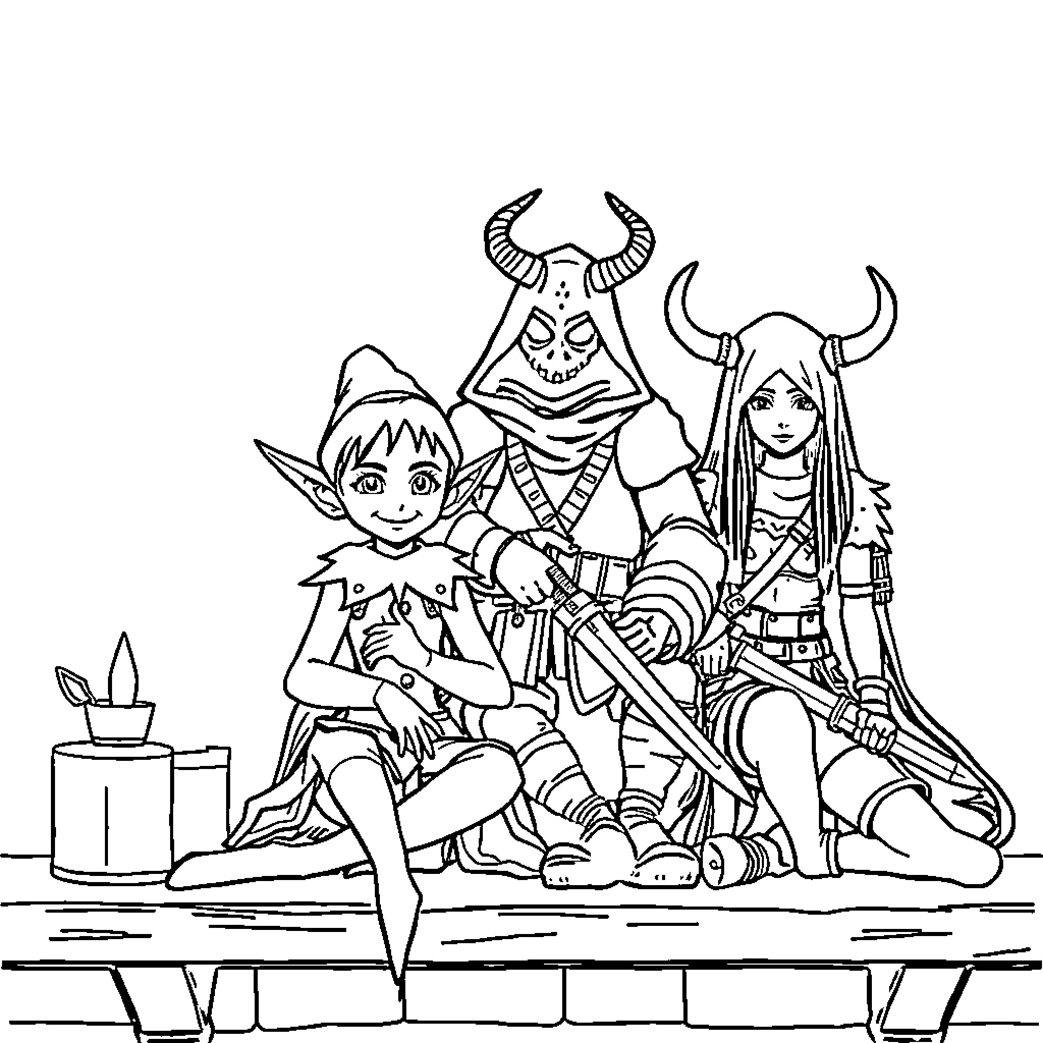 Elf characters in fantasy adventure scene Coloring Page (free black-and-white line drawing printable PDF for all, from beginners to advanced learners, including children, teens, adults, and seniors)