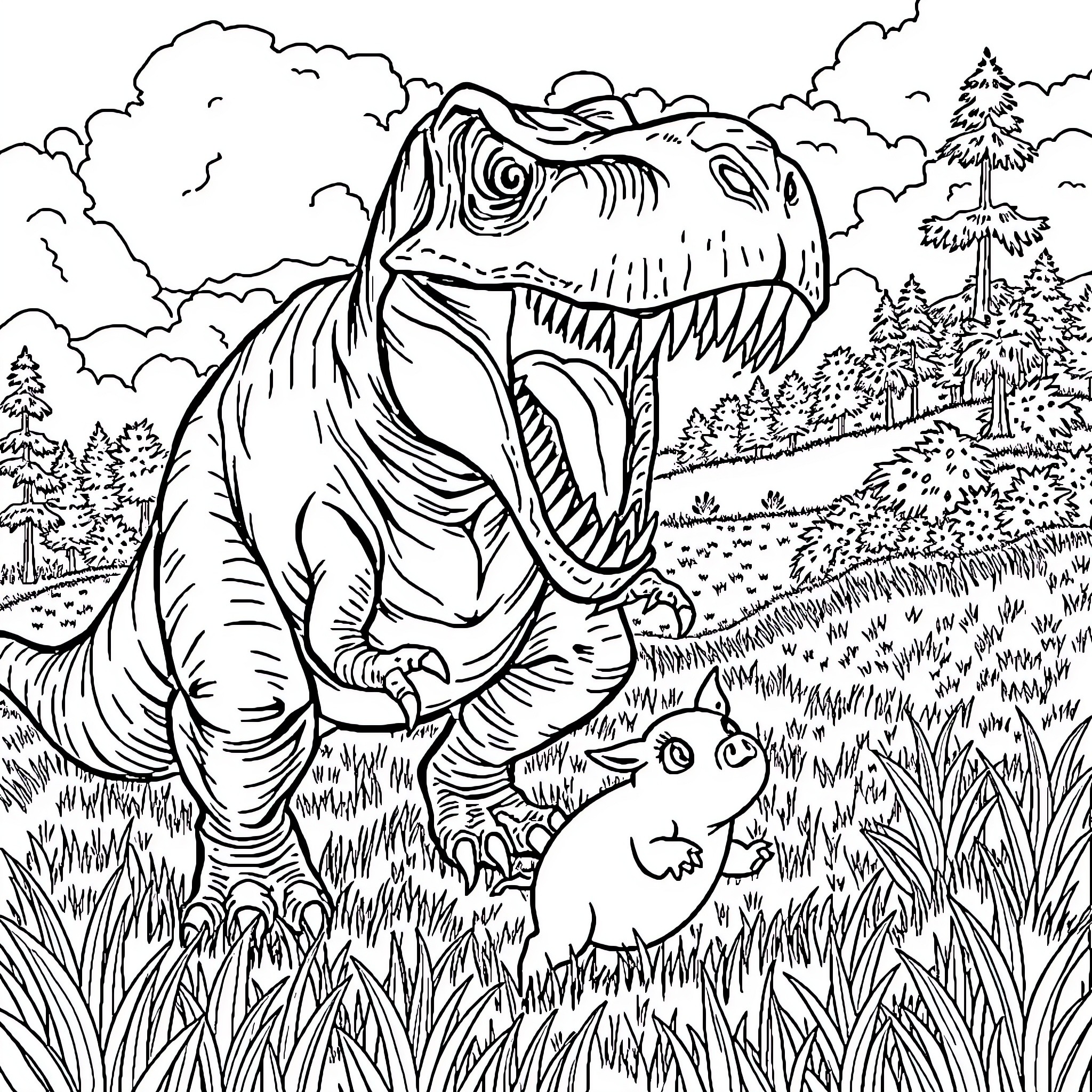 T-Rex Chasing Prey in Prehistoric Landscape Coloring Page (free black-and-white line drawing printable PDF for all, from beginners to advanced learners, including children, teens, adults, and seniors)
