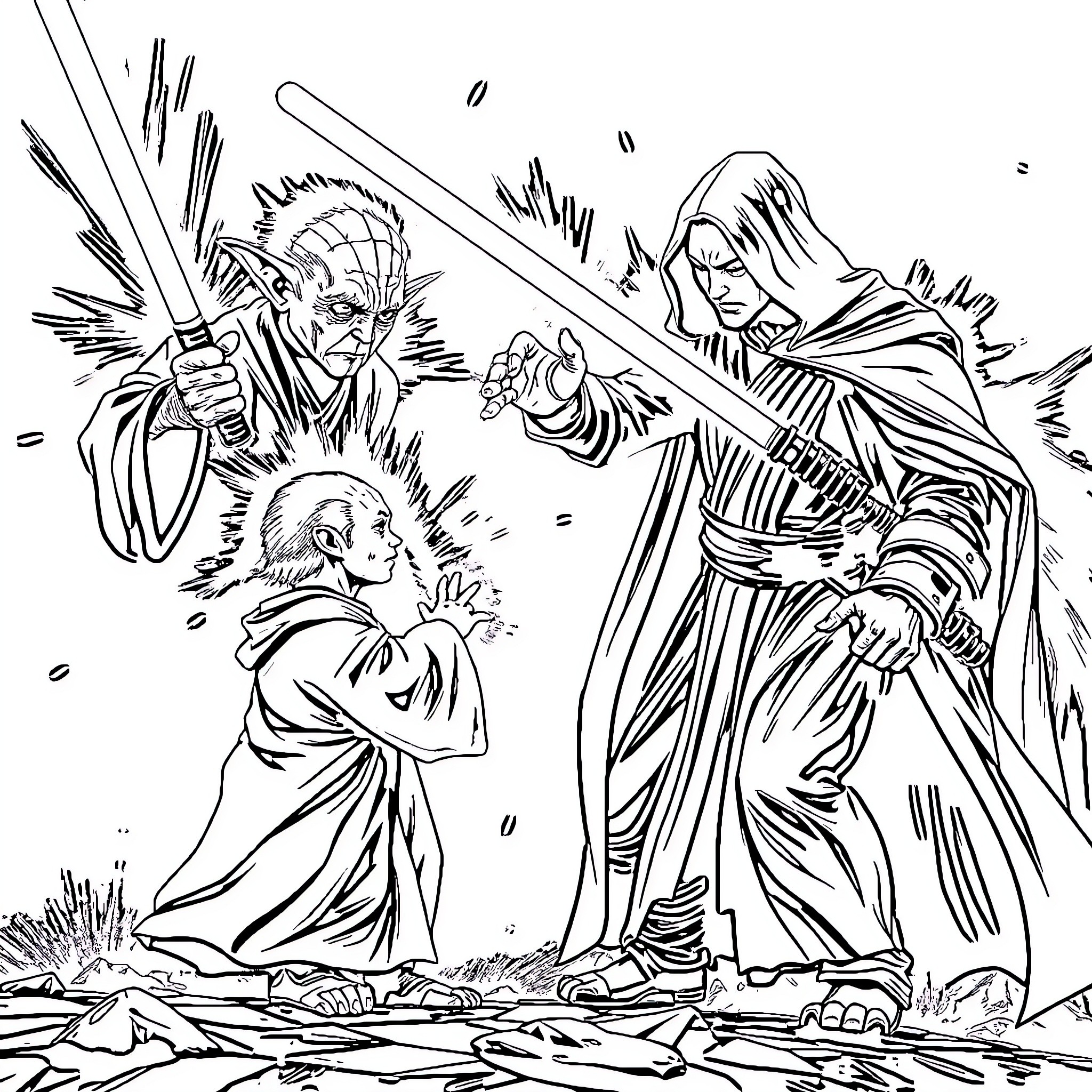 Yoda and Jedi warriors in intense battle Coloring Page (free black-and-white line drawing printable PDF for all, from beginners to advanced learners, including children, teens, adults, and seniors)
